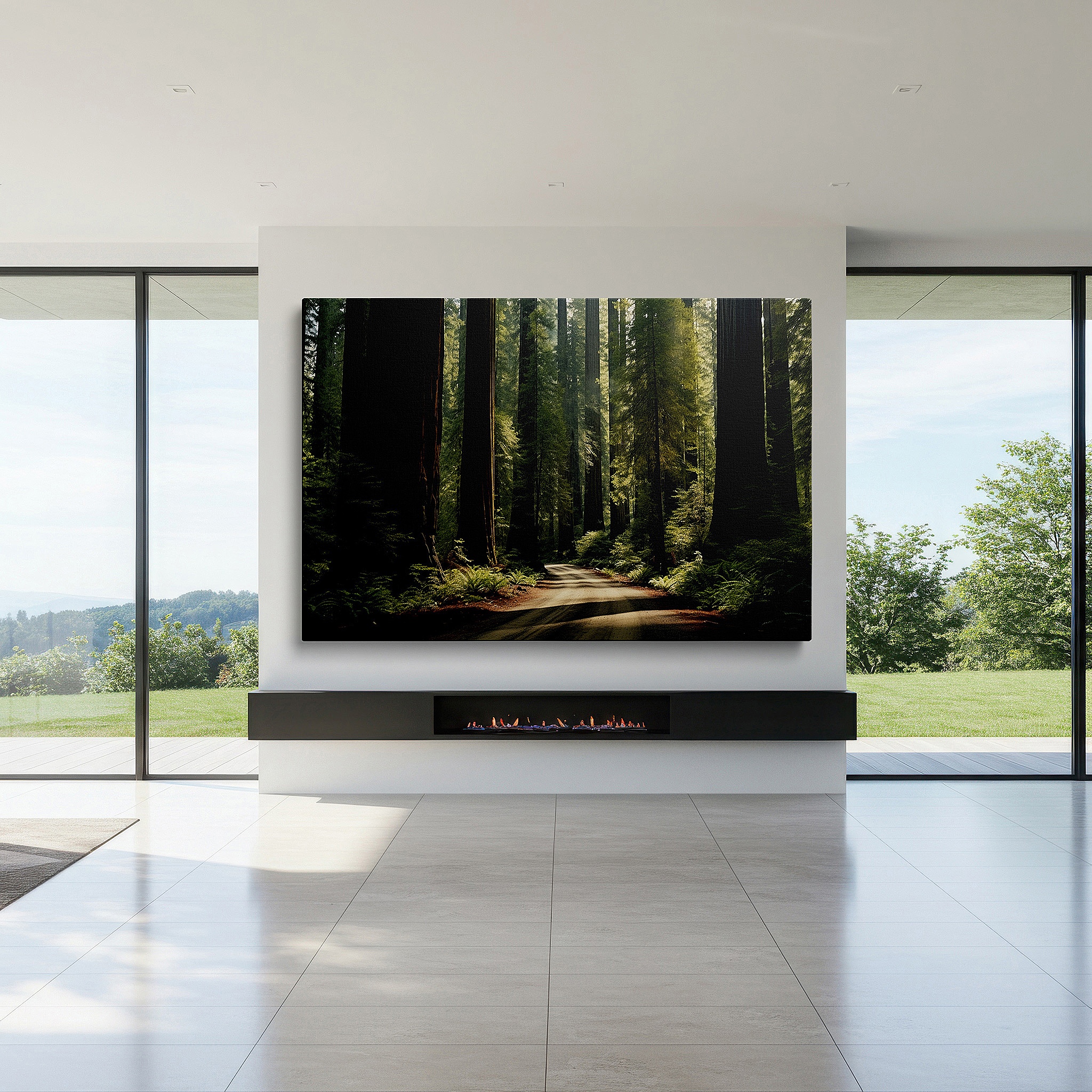 Installation made easy with a centered hook and clean wire mount — serene pathway through ancient redwoods: tranquil nature escape large wall art, canvas wall art, wall decor for office and bedroom