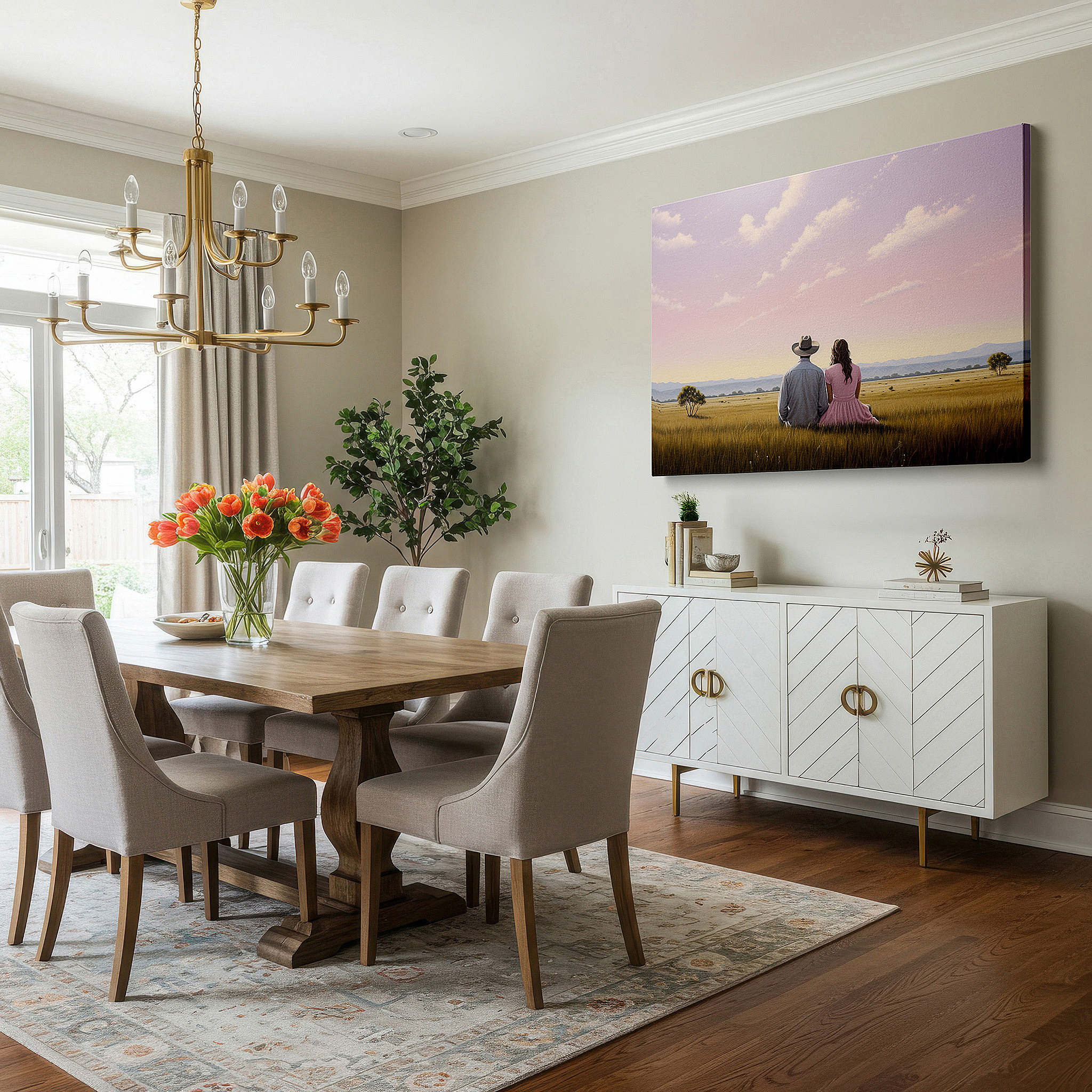Installation made easy with a centered hook and clean wire mount — serene sunset embrace in a peaceful field, couple's connection amidst natural beauty large wall art, canvas wall art, wall art