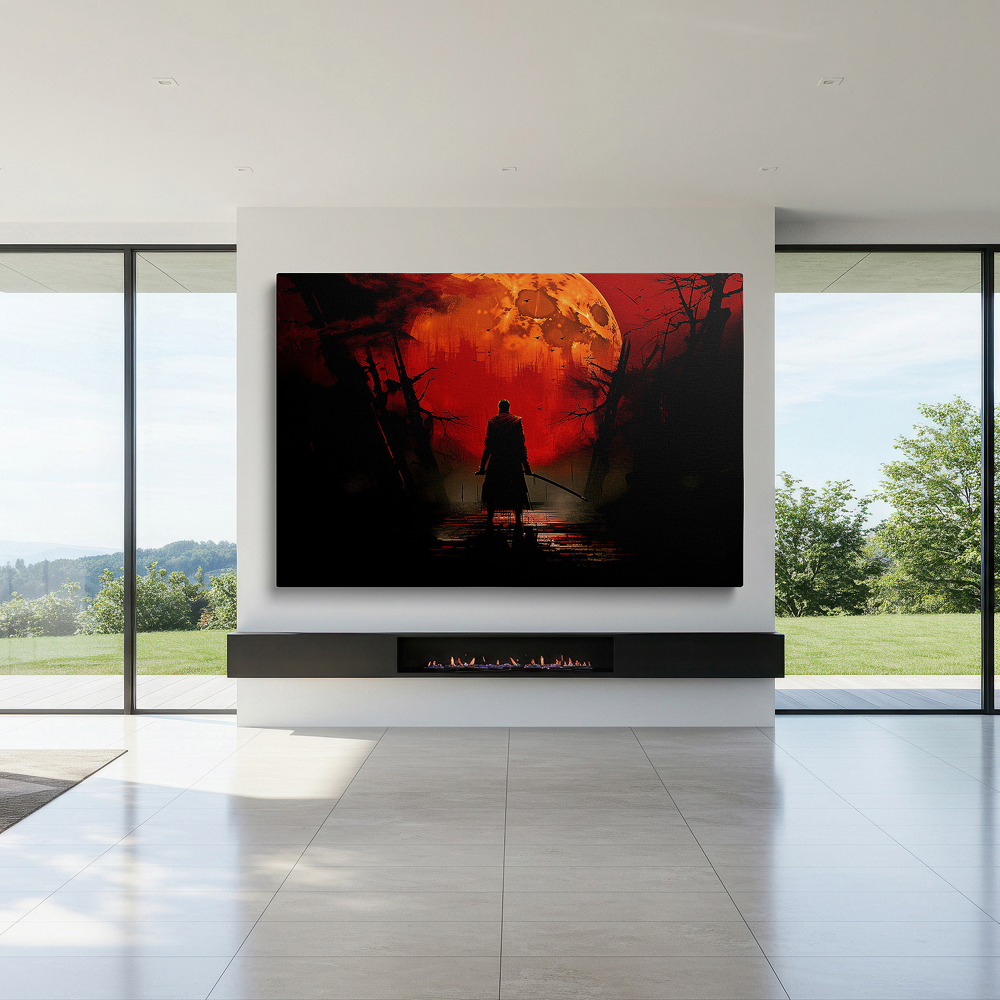 Installation made easy with a centered hook and clean wire mount — silhouetted figure against a red moon in a haunting, shadowy landscape: large canvas wall art for office and bedroom decor