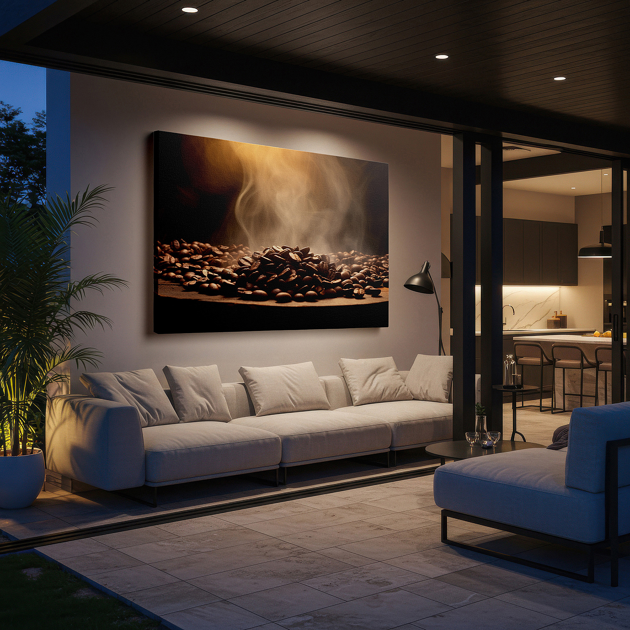 Installation made easy with a centered hook and clean wire mount — steamy coffee beans on rustic wood: a sensory journey of warmth and aroma - large wall art, canvas wall art, wall decor for office and bedroom