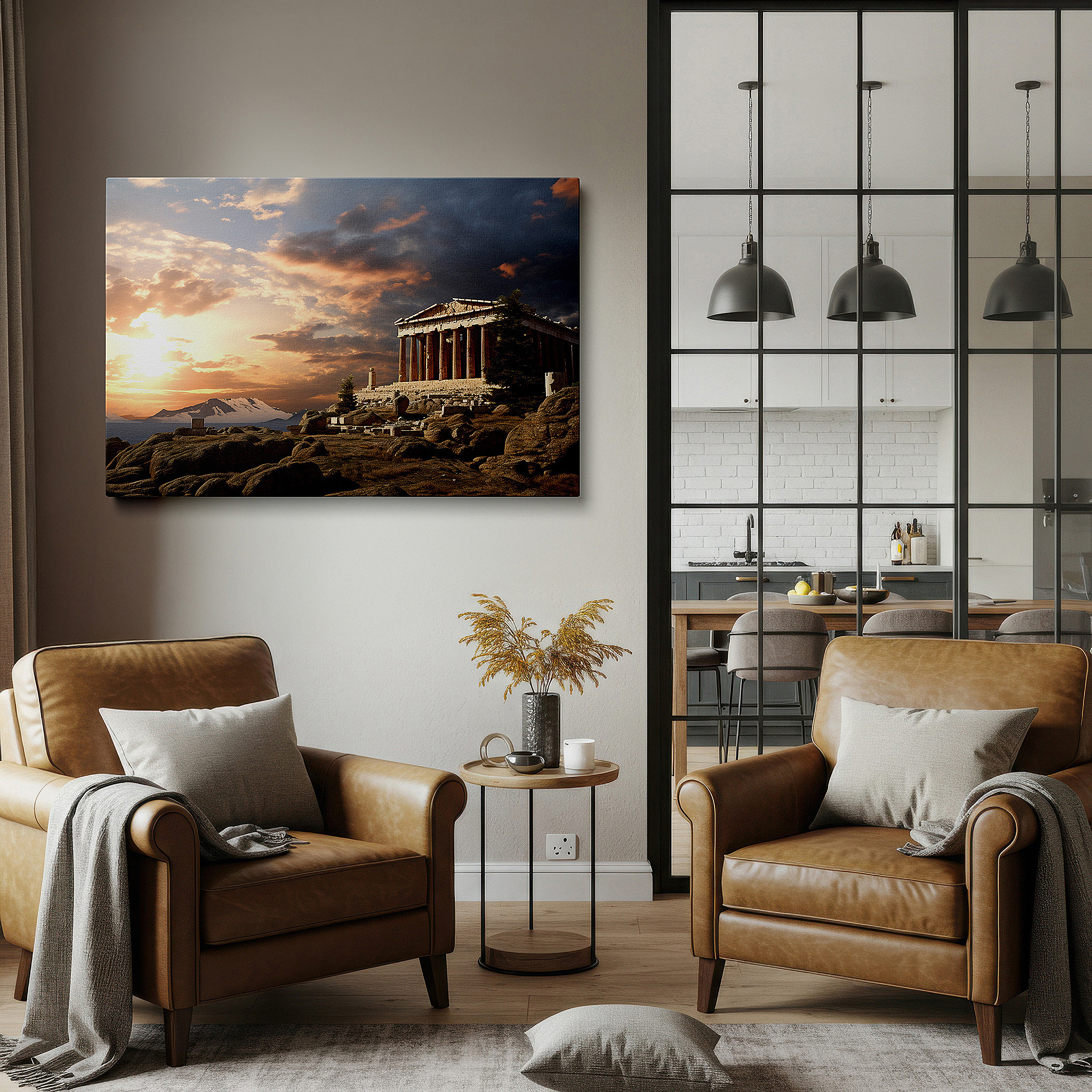 Installation made easy with a centered hook and clean wire mount — sunset at the majestic temple: a tribute to timeless elegance - large canvas wall art for office and bedroom decor