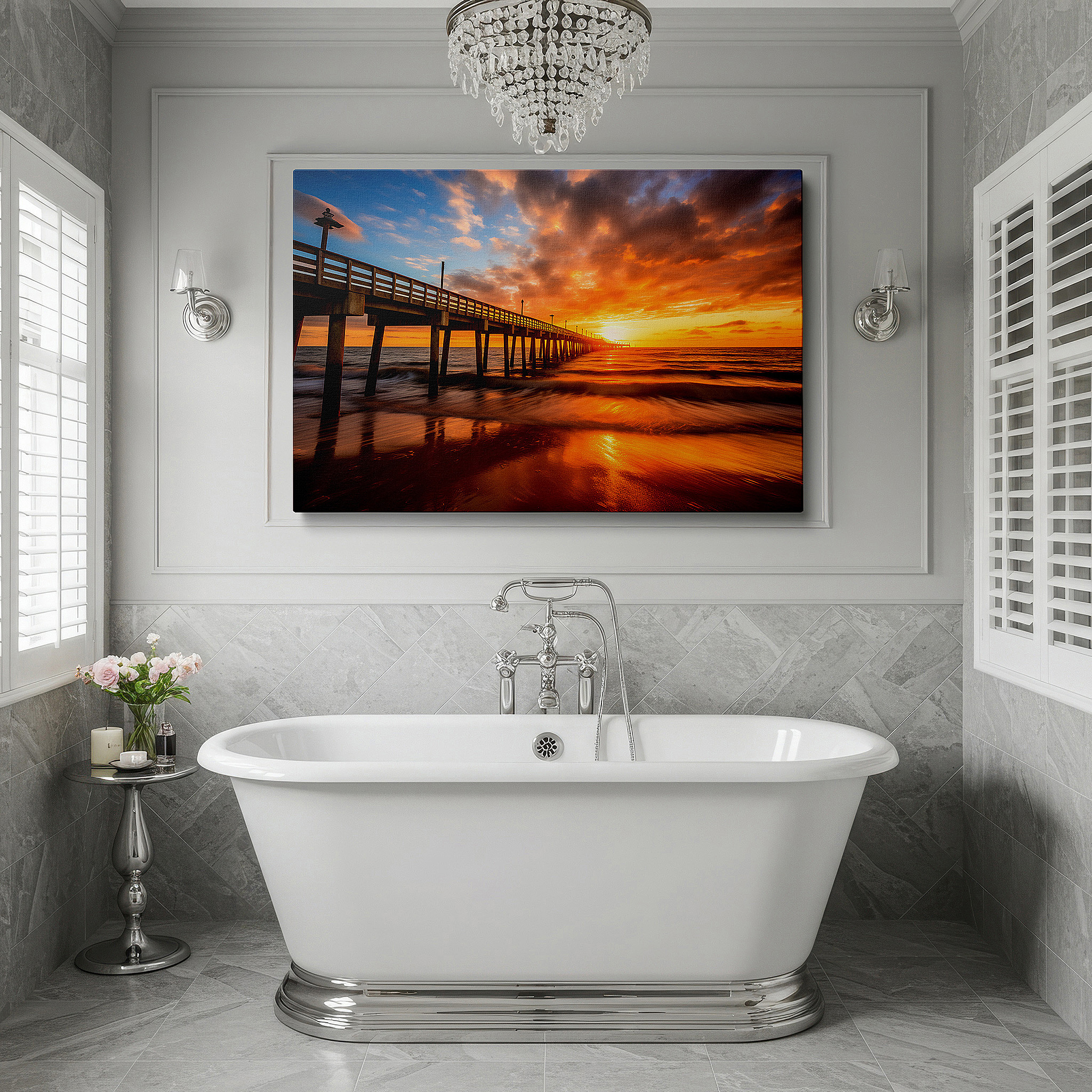 Installation made easy with a centered hook and clean wire mount — sunset serenade at the ocean pier: a vivid display of nature's palette - large canvas wall art for office and bedroom decor