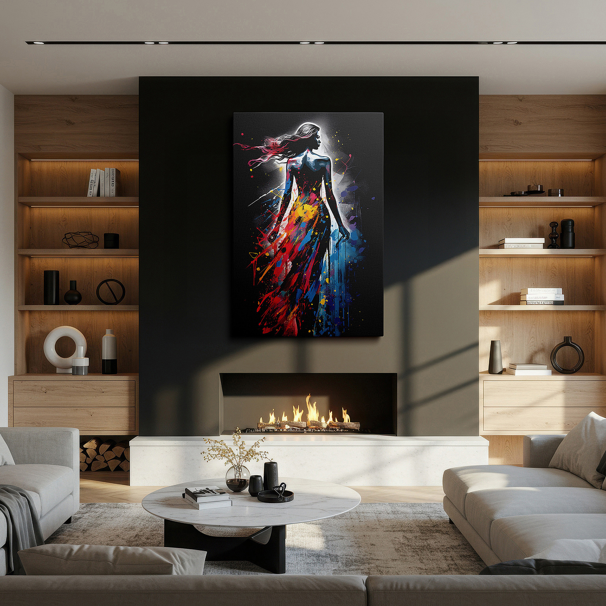 Installation made easy with a centered hook and clean wire mount — timeless elegance and femininity: woman's silhouette against vivid color burst - large canvas wall art decor