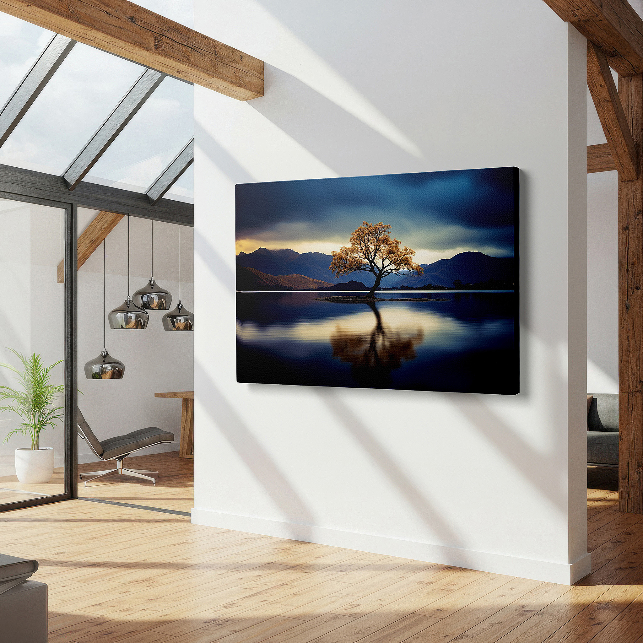 Installation made easy with a centered hook and clean wire mount — tranquil isle canvas print: serene tree, misty mountains, and reflective waters - large wall decor for office and bedroom