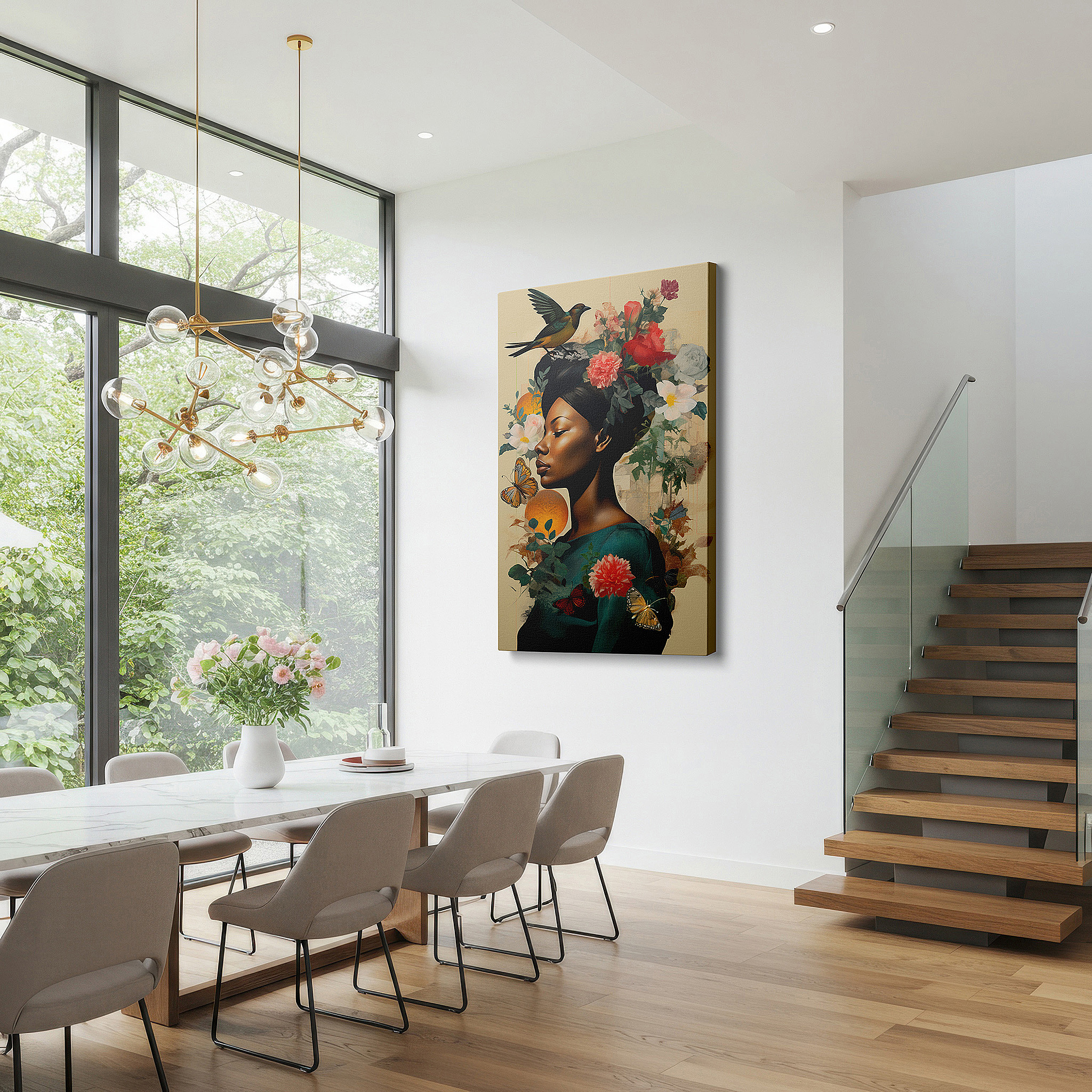 Installation made easy with a centered hook and clean wire mount — vibrant large wall art featuring a woman adorned with flowers and butterflies, capturing ethereal beauty and nature's serenity