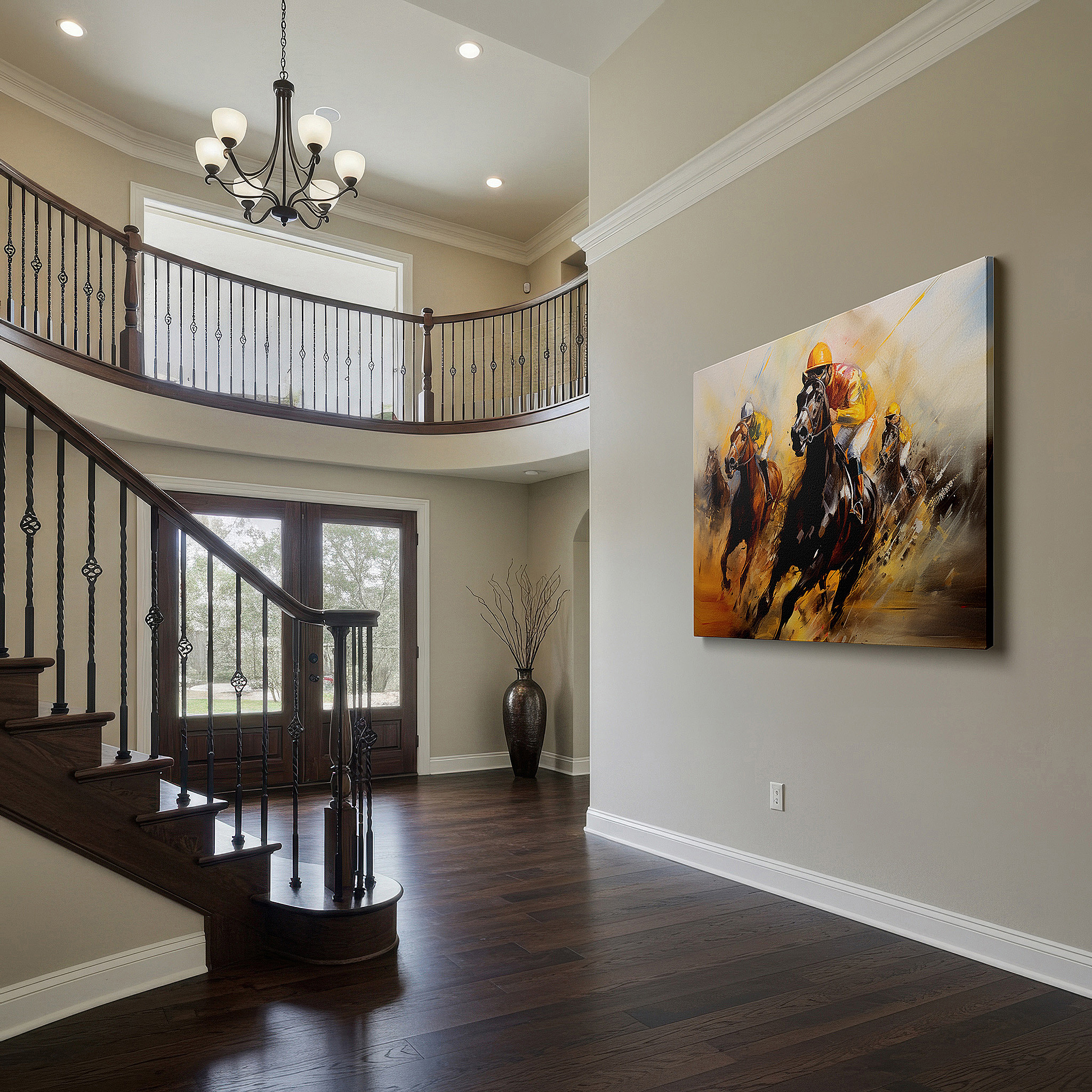 Installation made easy with a centered hook and clean wire mount — wall art: exciting horse racing scene depicting intense rivalry and lively energy - large canvas wall art for office and bedroom decor