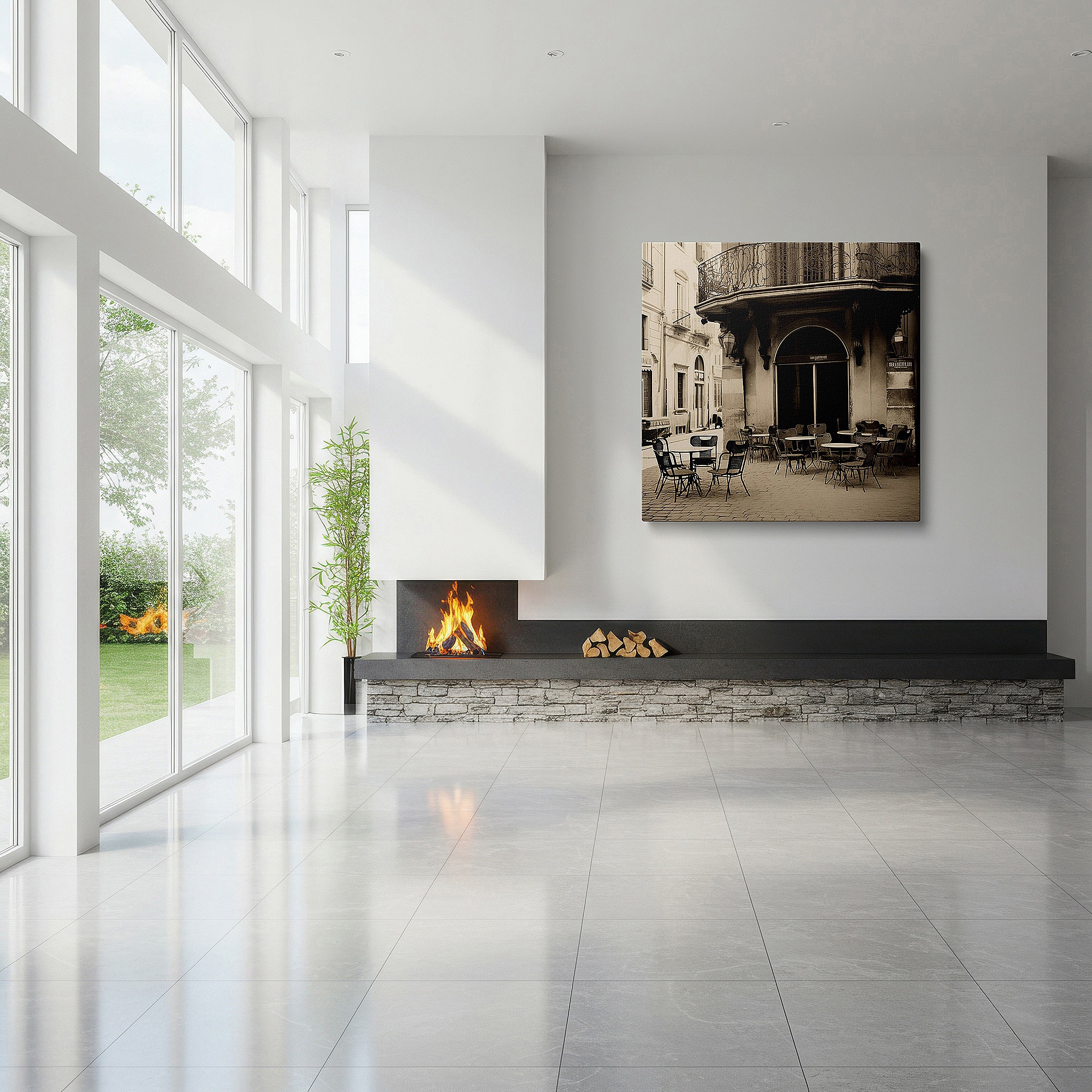 Installation made easy with a centered hook and clean wire mount — wall art: serene city café in monochrome - elegant wrought iron against a historic setting, large canvas wall art for home and office decor