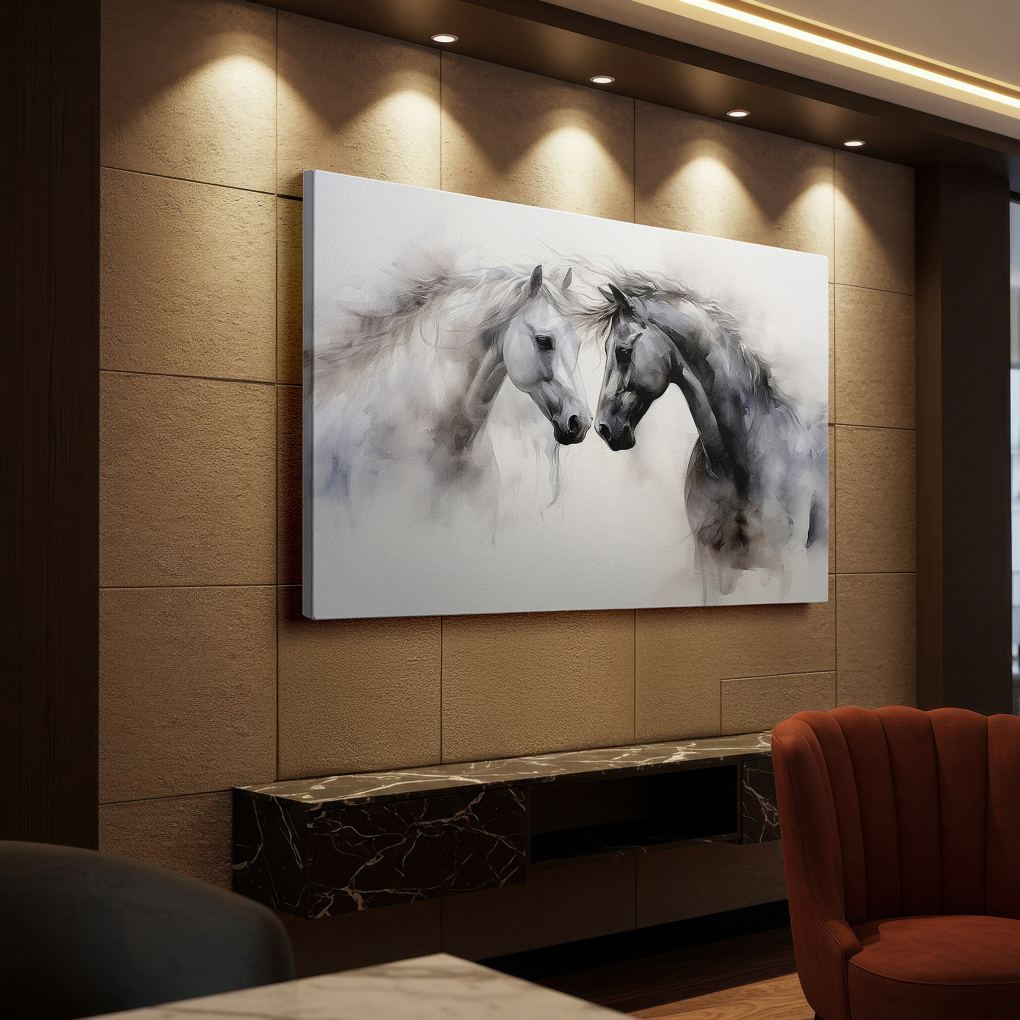 Installation made easy with a centered hook and clean wire mount — wall art: serene moments of majestic horses in soft abstract - large canvas art featuring companionship and serenity in muted earth tones