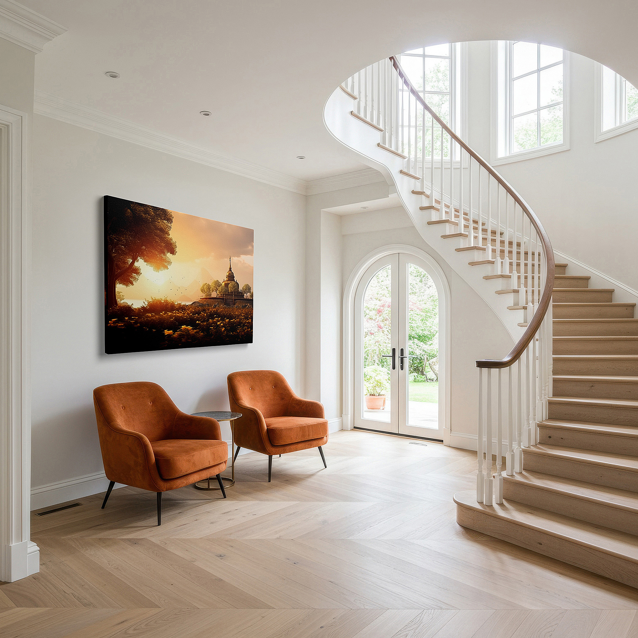 Installation made easy with a centered hook and clean wire mount — wall art: serene temple in a verdant landscape at golden sunset - a haven of spiritual peace and architectural beauty, large canvas wall art decor.