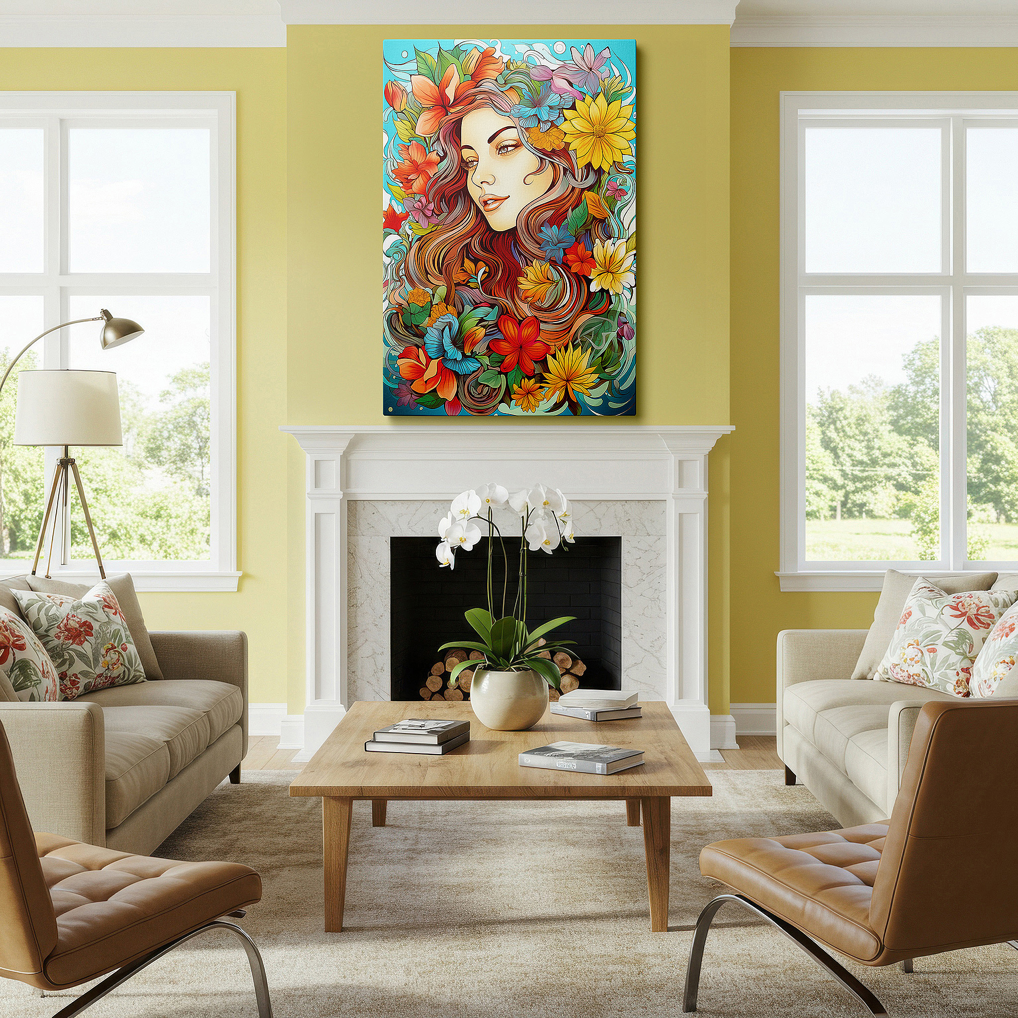 Installation made easy with a centered hook and clean wire mount — wall art: serene woman surrounded by vibrant flowers, a playful blend of natural beauty and feminine elegance, large canvas wall art for home and office decor