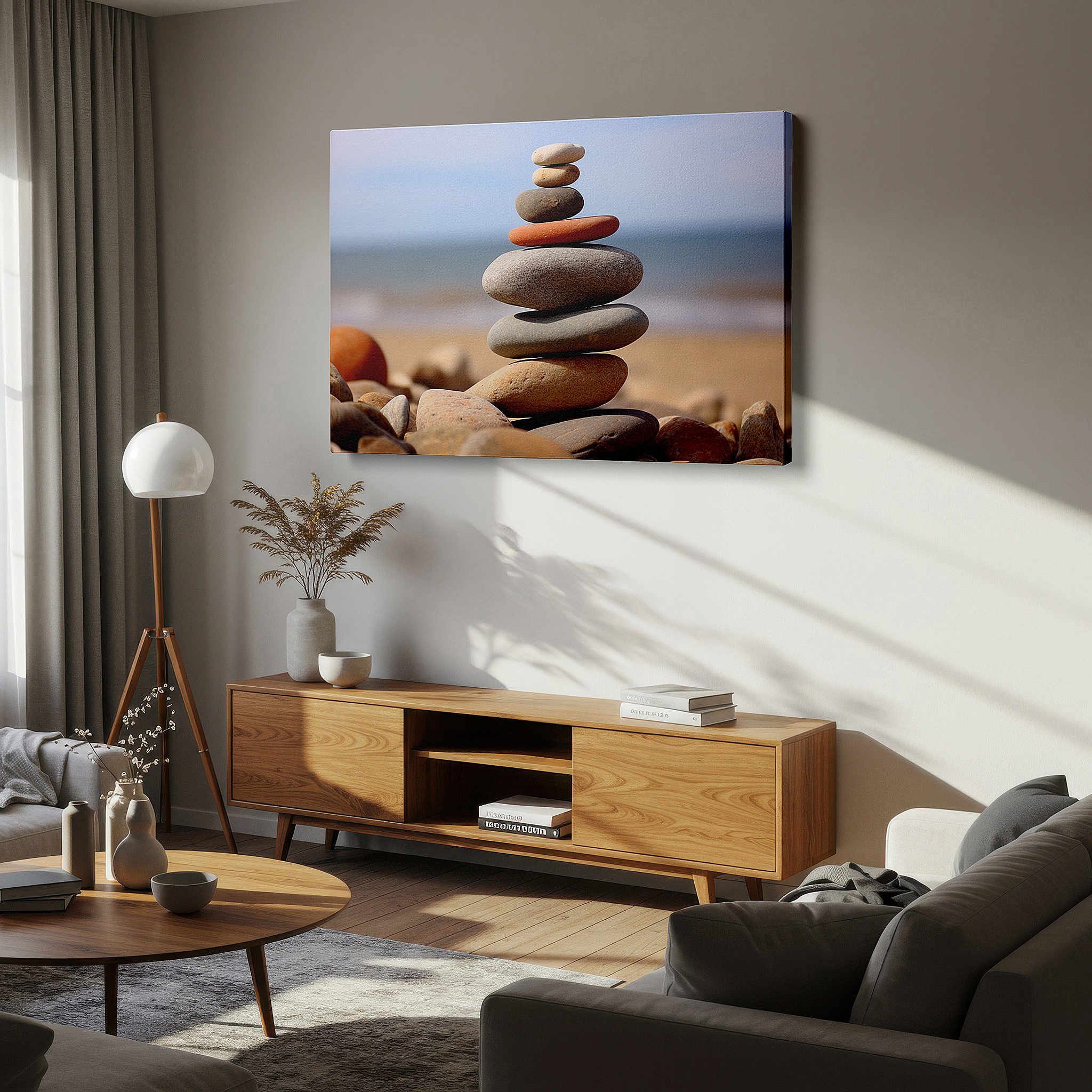 Installation made easy with a centered hook and clean wire mount — wall art: "serenity in balance" - pebbles on a tranquil beach for calm and reflection. large canvas wall art for office and bedroom decor.