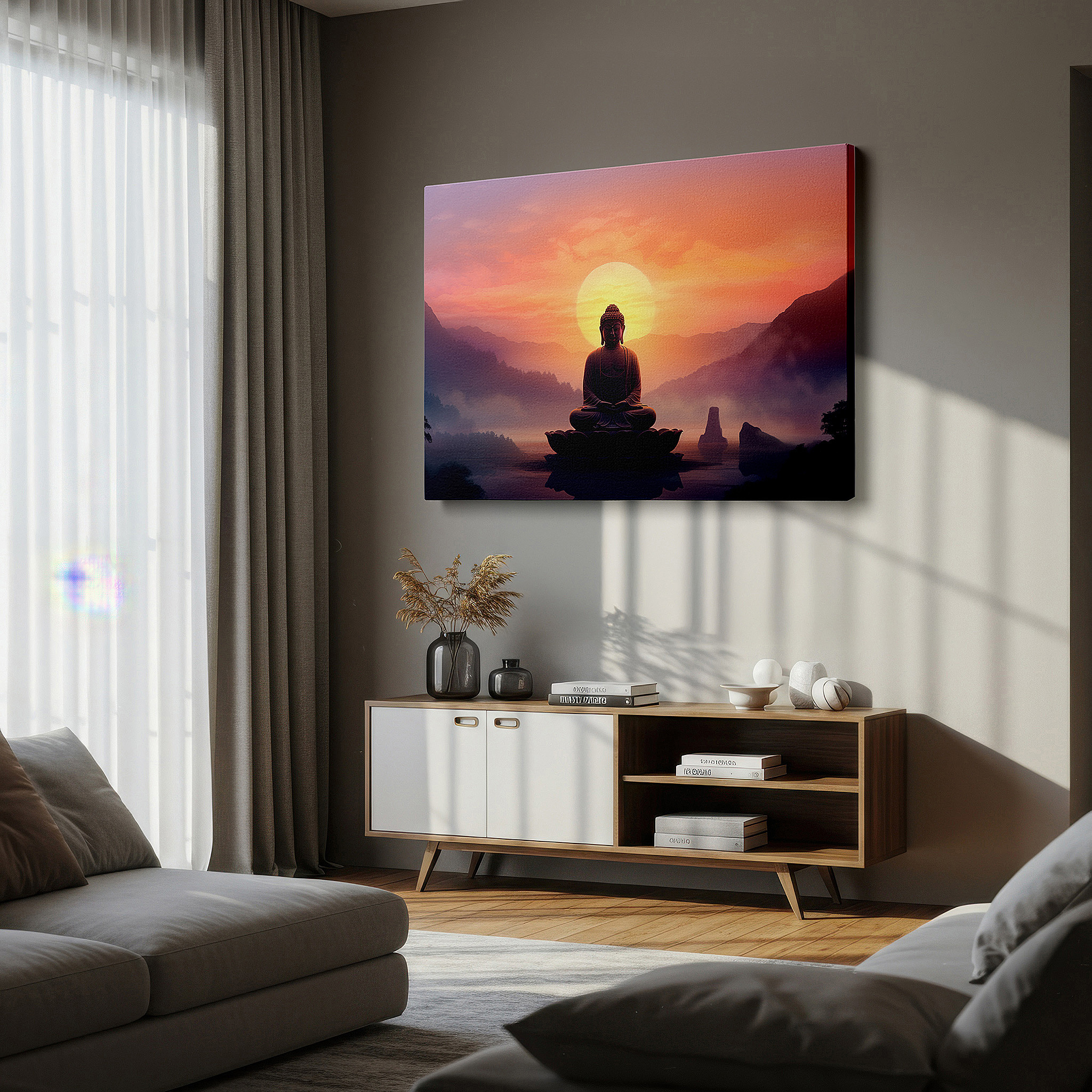 Installation made easy with a centered hook and clean wire mount — wall art: tranquil dawn with buddha on a lotus - spiritual awakening amidst misty mountains - large canvas wall art for office and bedroom decor