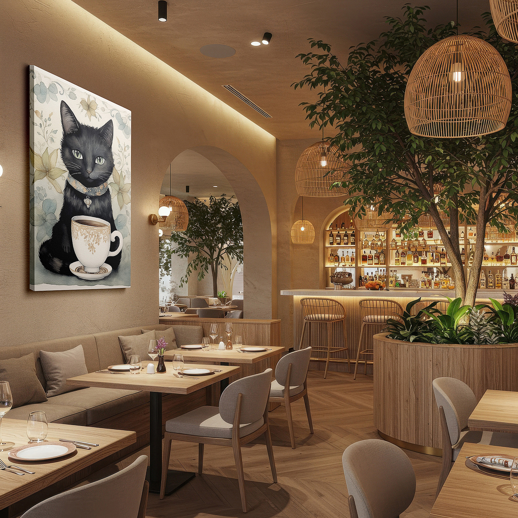 Installation made easy with a centered hook and clean wire mount — wall decor: sleek black cat and ornate jeweled cup - large canvas art for office and bedroom
