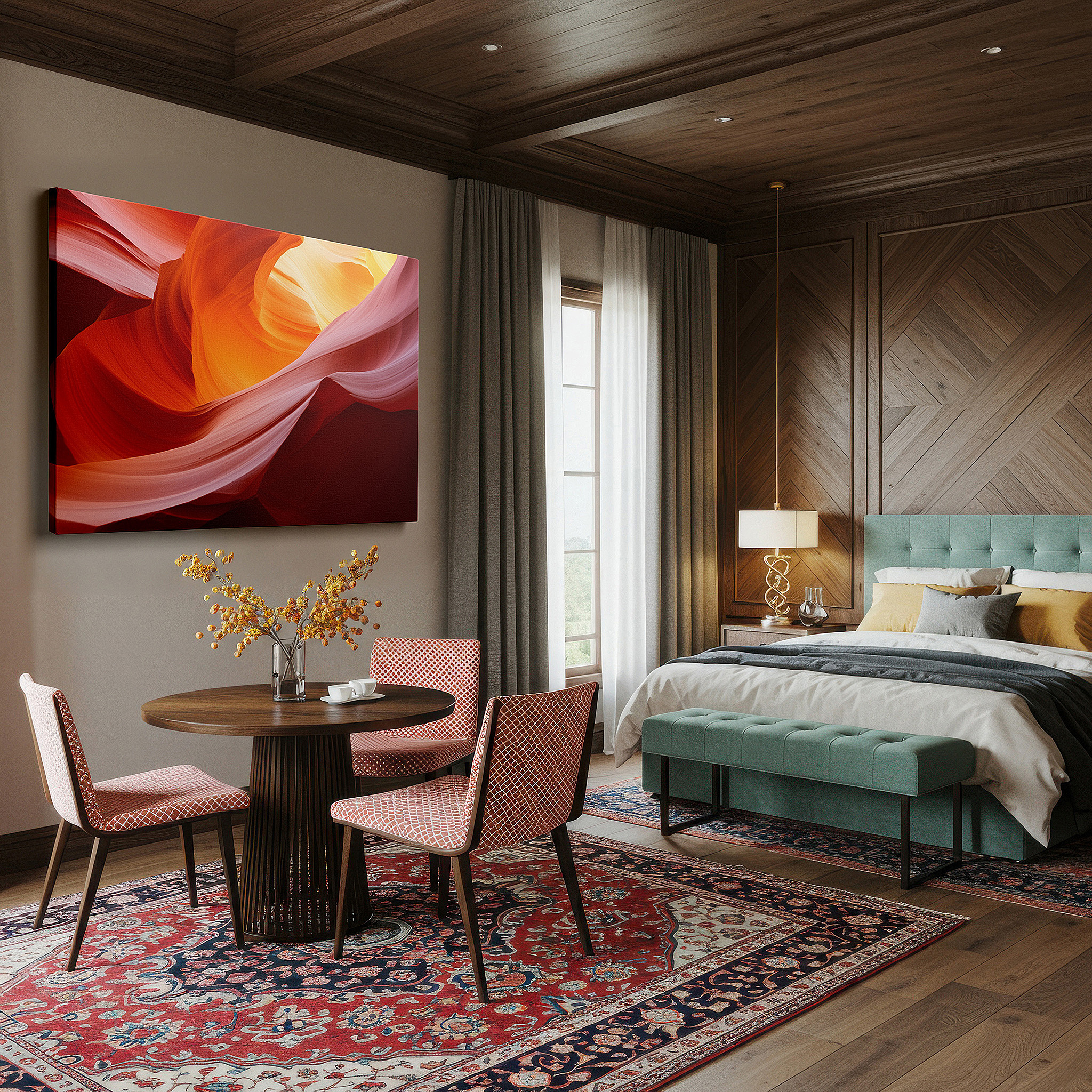Lighting brings out layered depth in the print’s surface grain — abstract canyon essence: a symphony of light and texture - large canvas wall art for office and bedroom decor