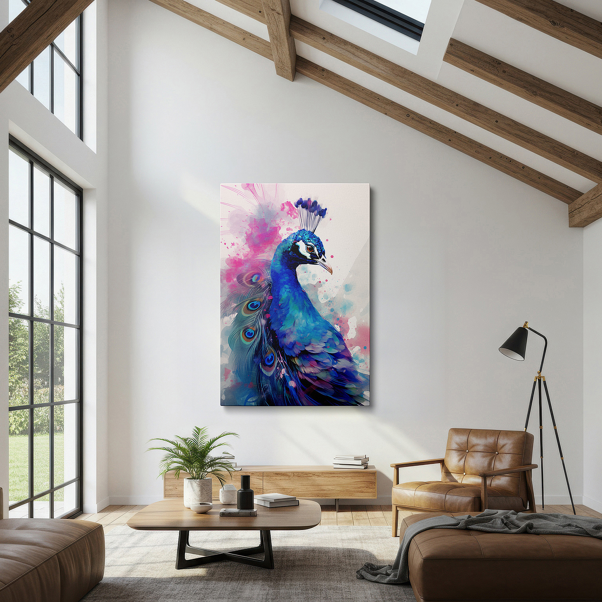 Lighting brings out layered depth in the print’s surface grain — abstract and colorful peacock, large canvas wall art, office decor