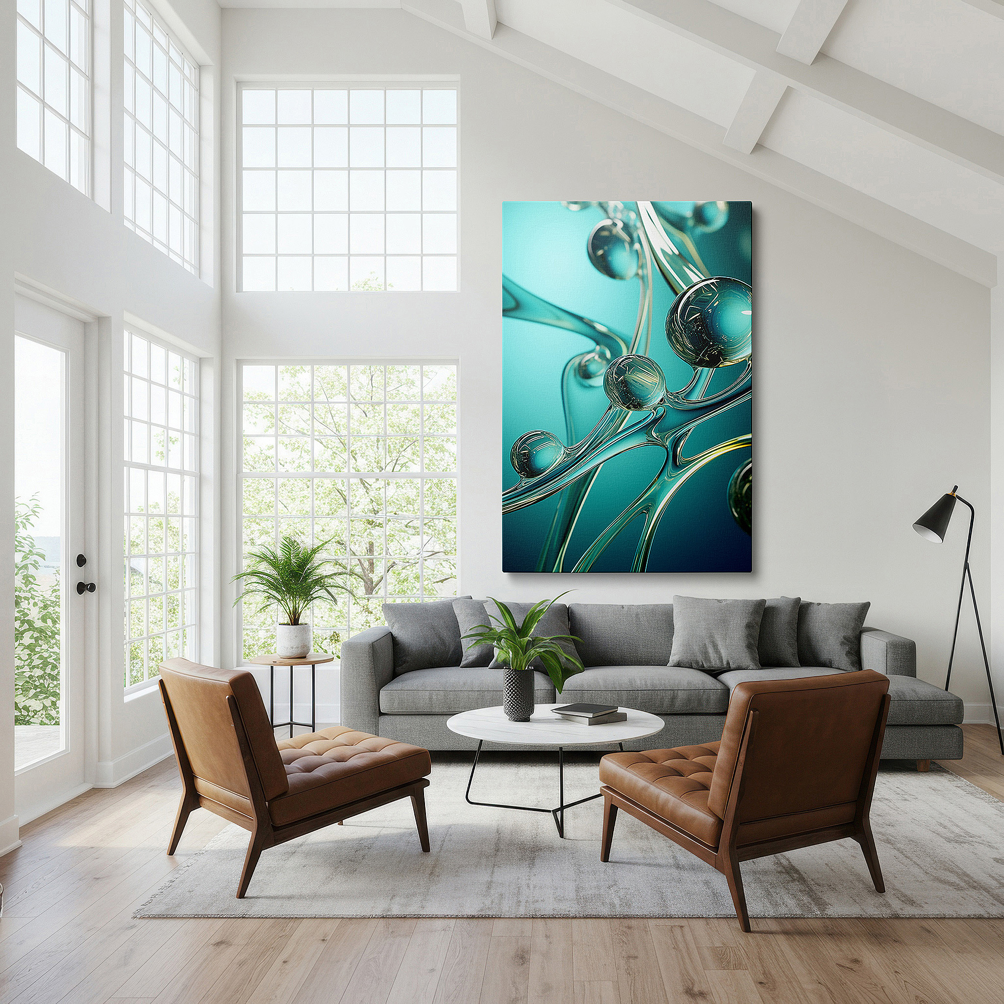 Lighting brings out layered depth in the print’s surface grain — abstract dance of molecular bonds in luminous spheres and flowing lines: large canvas wall art for office decor