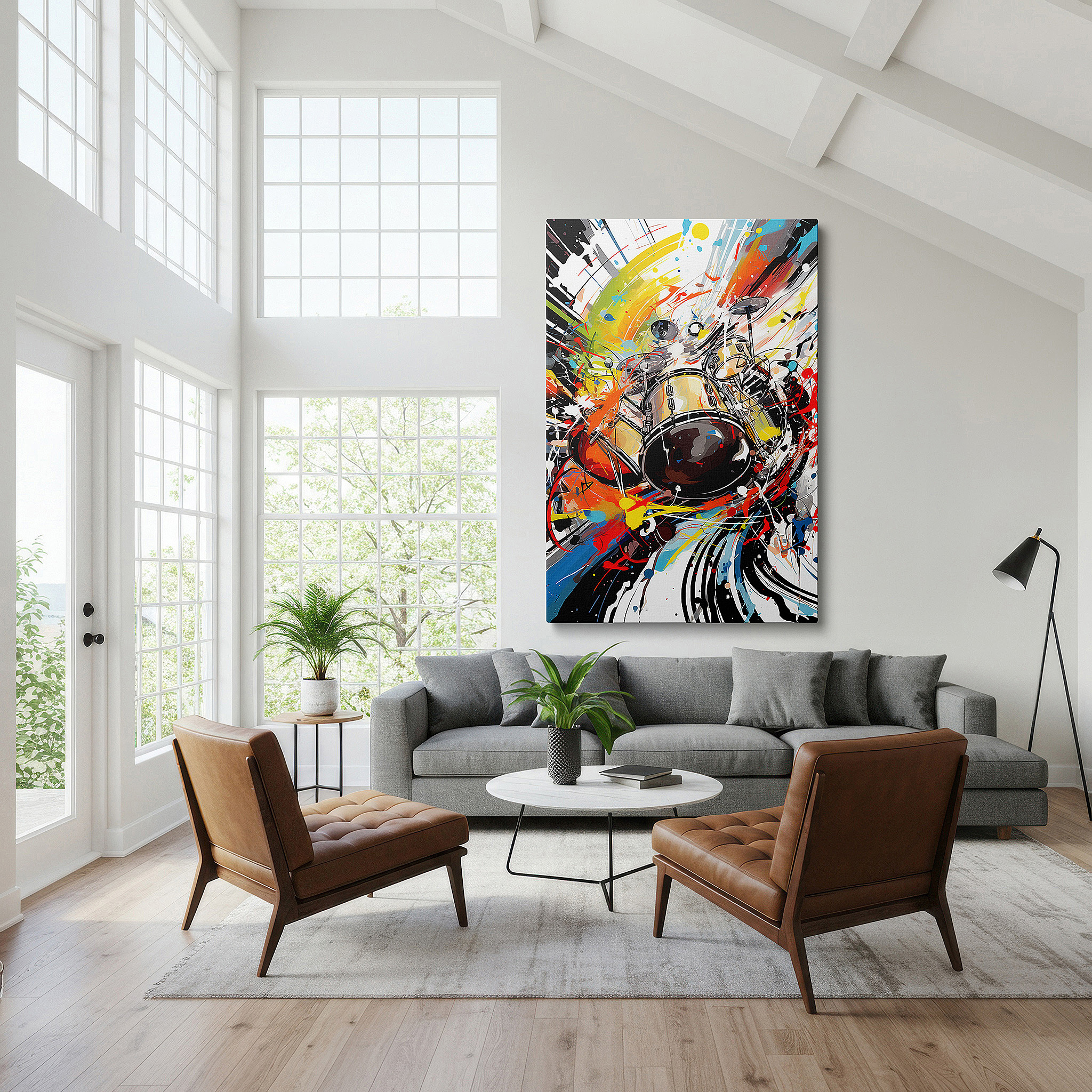 Lighting brings out layered depth in the print’s surface grain — abstract drum set surrounded by vibrant swirls, embodying the spirit of live music, large canvas wall art for home and office decor