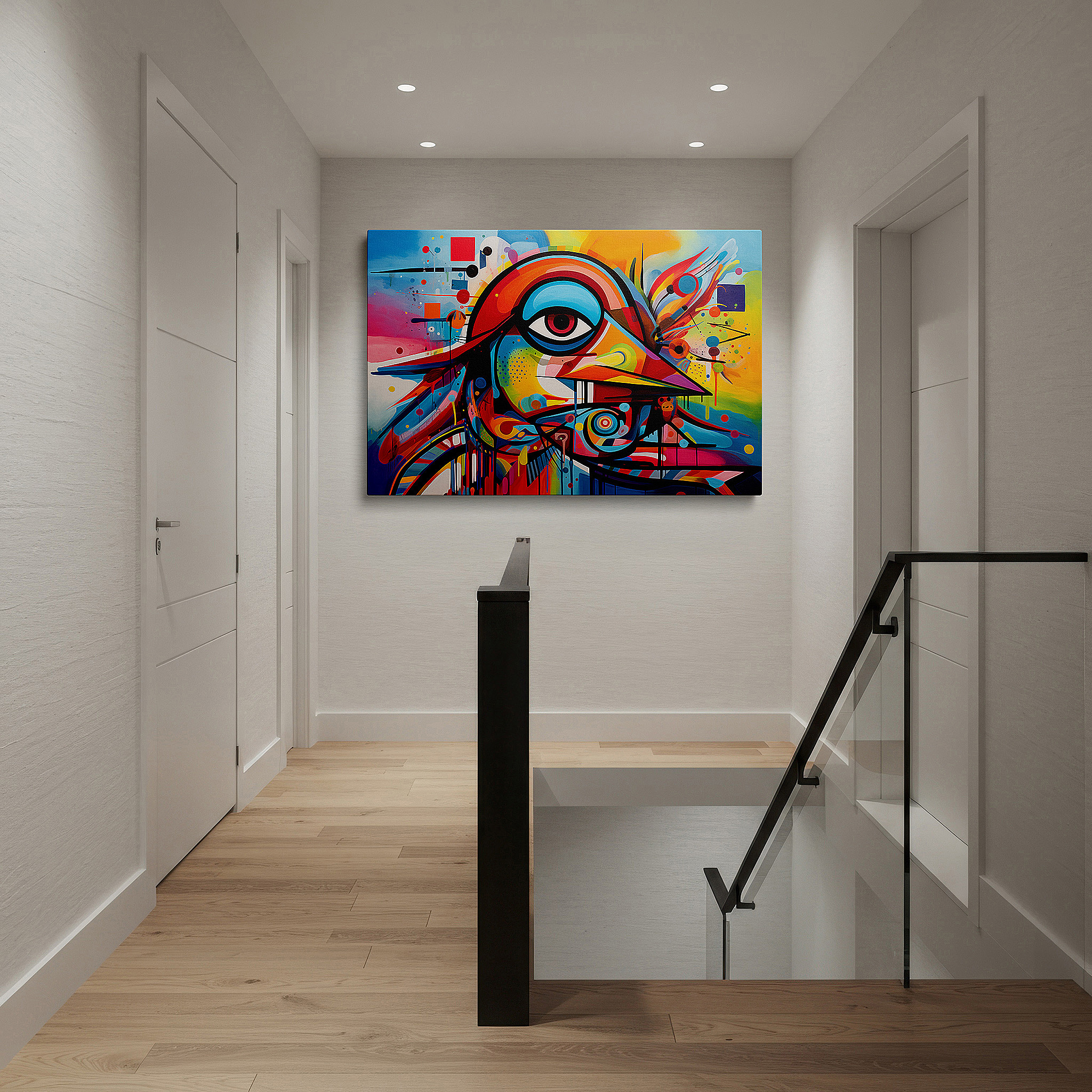 Lighting brings out layered depth in the print’s surface grain — abstract geometric vibrant bird - dynamic nature and design fusion large wall art, canvas wall art, wall decor for office and bedroom