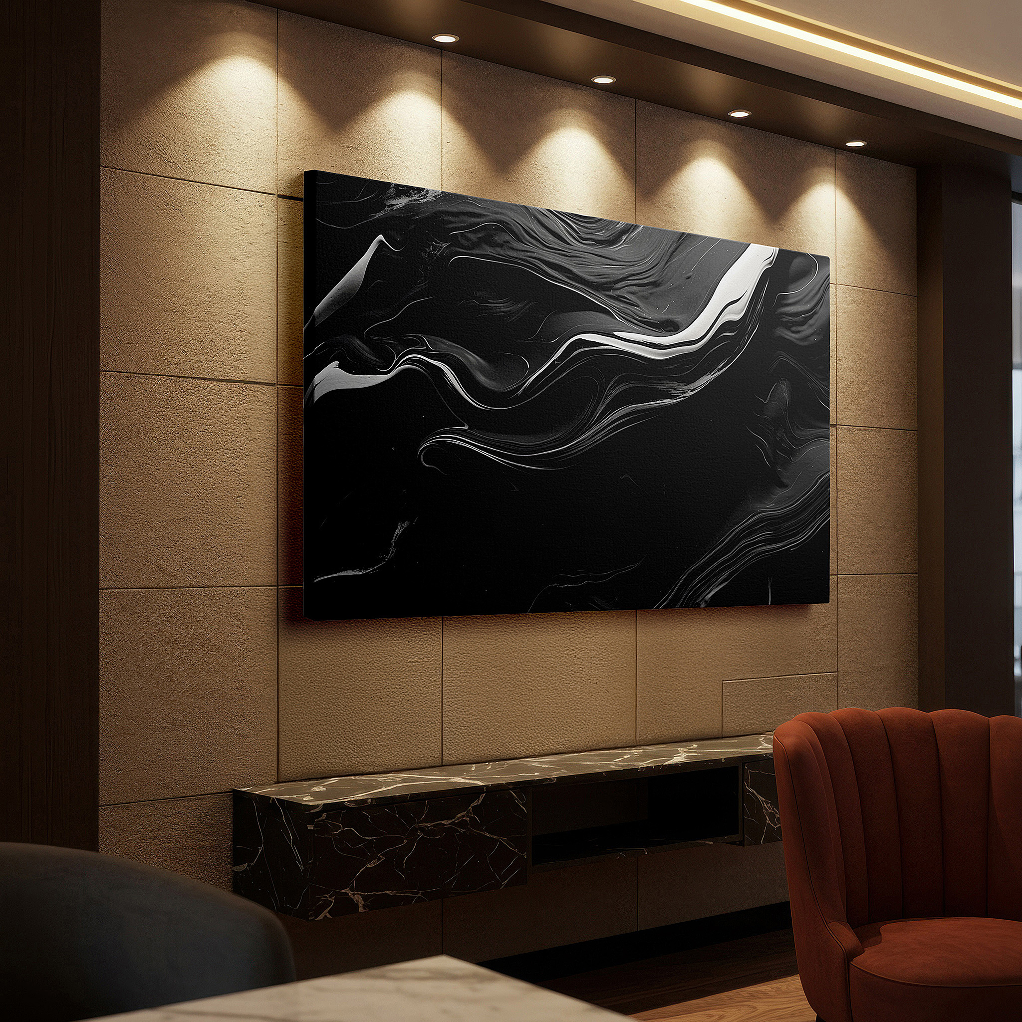 Lighting brings out layered depth in the print’s surface grain — black and white abstract wall art featuring dynamic swirls and fluid shapes, large canvas for office, bedroom, and living room decor