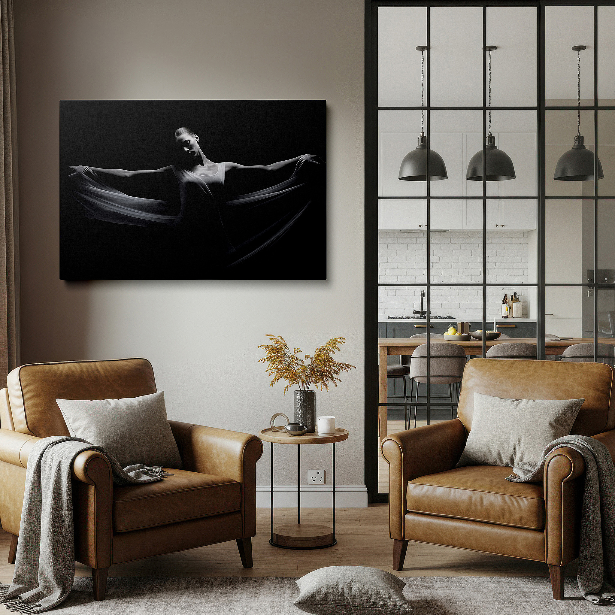 Lighting brings out layered depth in the print’s surface grain — celestial dancer in motion: a symphony of light and shadow - large canvas wall art for office and bedroom decor