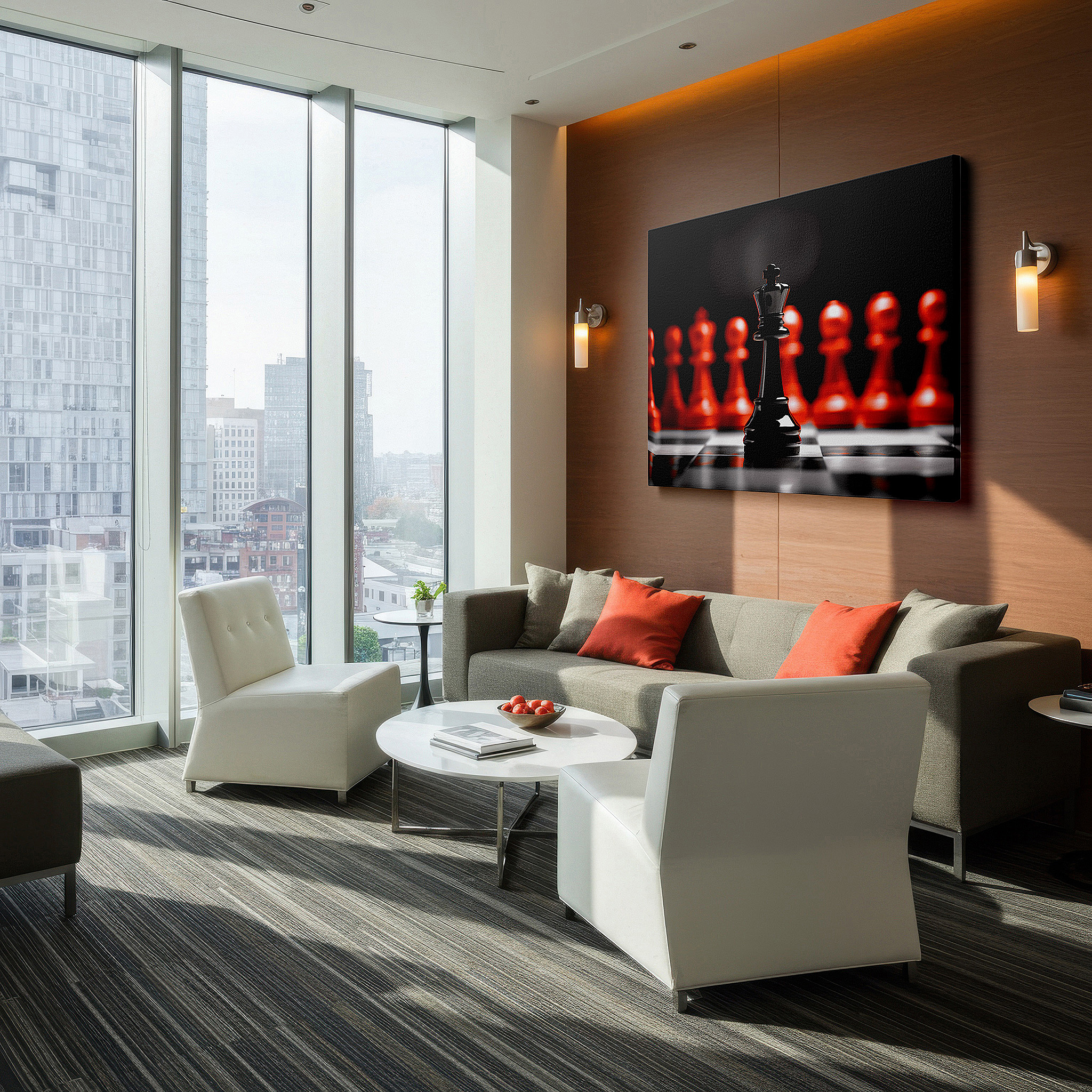 Lighting brings out layered depth in the print’s surface grain — chess strategy and intellectual mastery wall art featuring a majestic black king and advancing red pawns, large canvas wall art