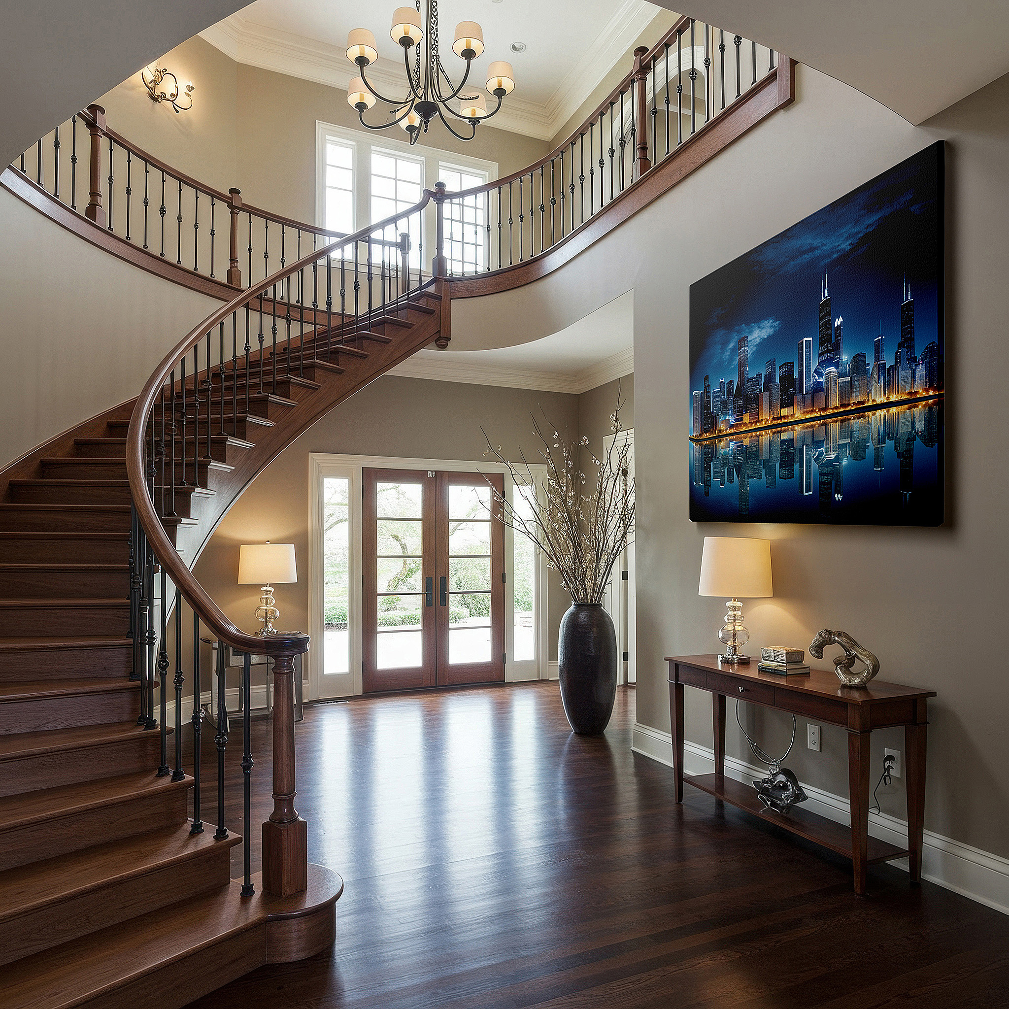 Lighting brings out layered depth in the print’s surface grain — chicago skyline at night: light symphony and reflections - large wall art, canvas, decor for office and bedroom