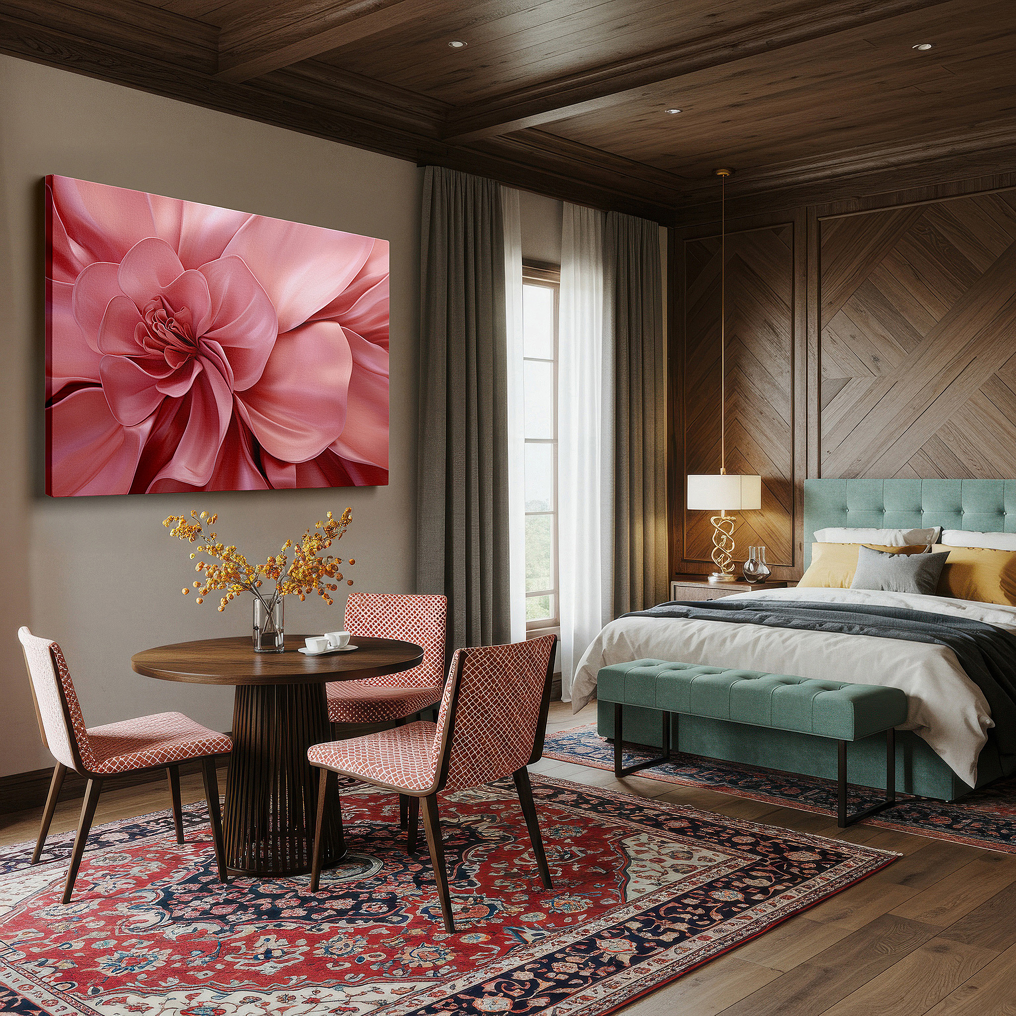 Lighting brings out layered depth in the print’s surface grain — close-up of ethereal pink petals: tranquil floral elegance, large canvas wall art for office and bedroom decor