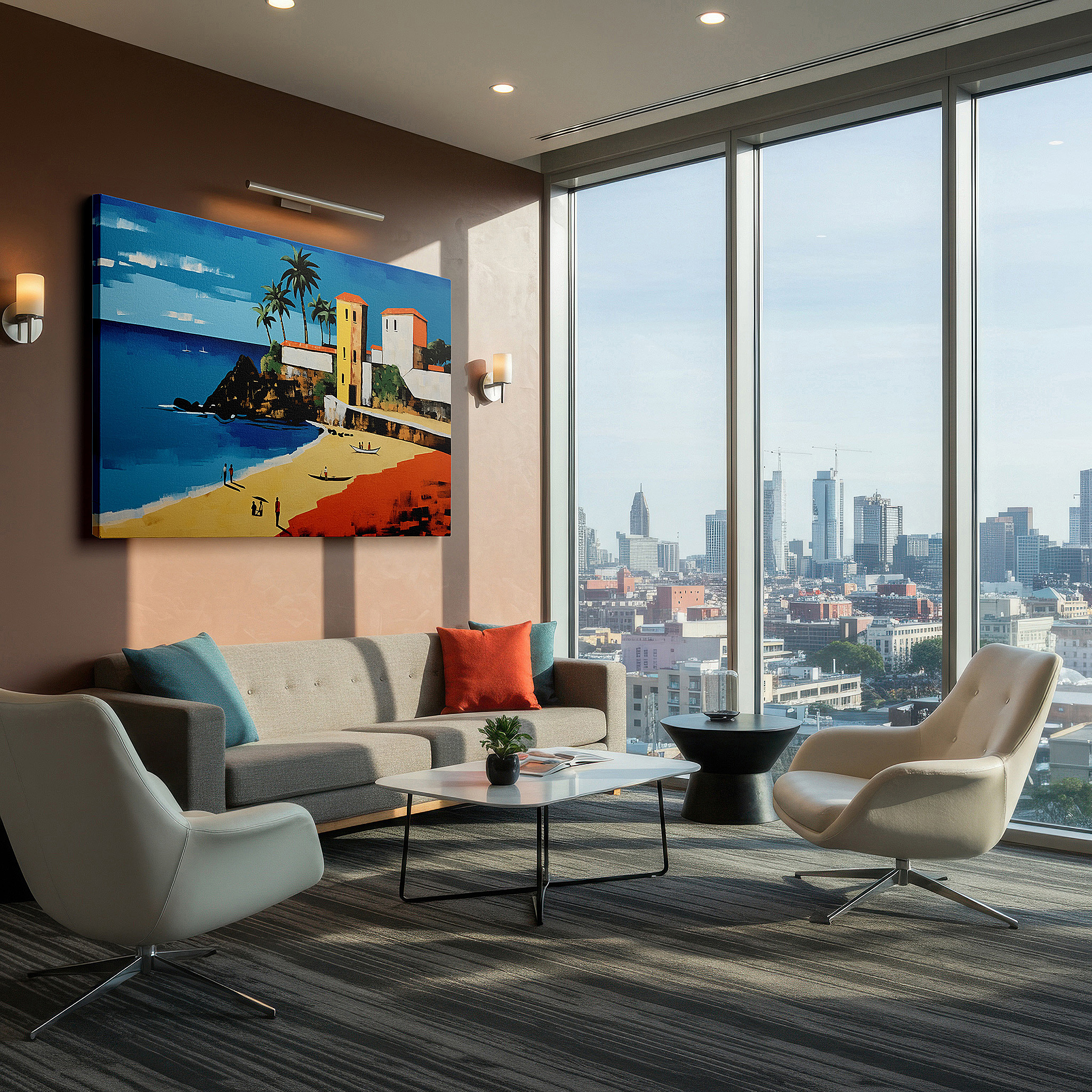 Lighting brings out layered depth in the print’s surface grain — coastal elegance expressed through bright colors and playful designs, vibrant beachside escape large wall art, canvas wall art, wall decor, office