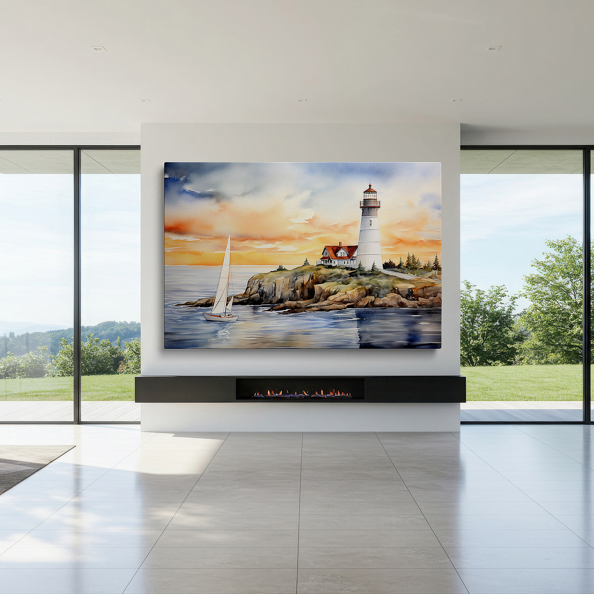 Lighting brings out layered depth in the print’s surface grain — coastal sunset wall art featuring majestic lighthouse and elegant sailboat - large canvas for home or office decor