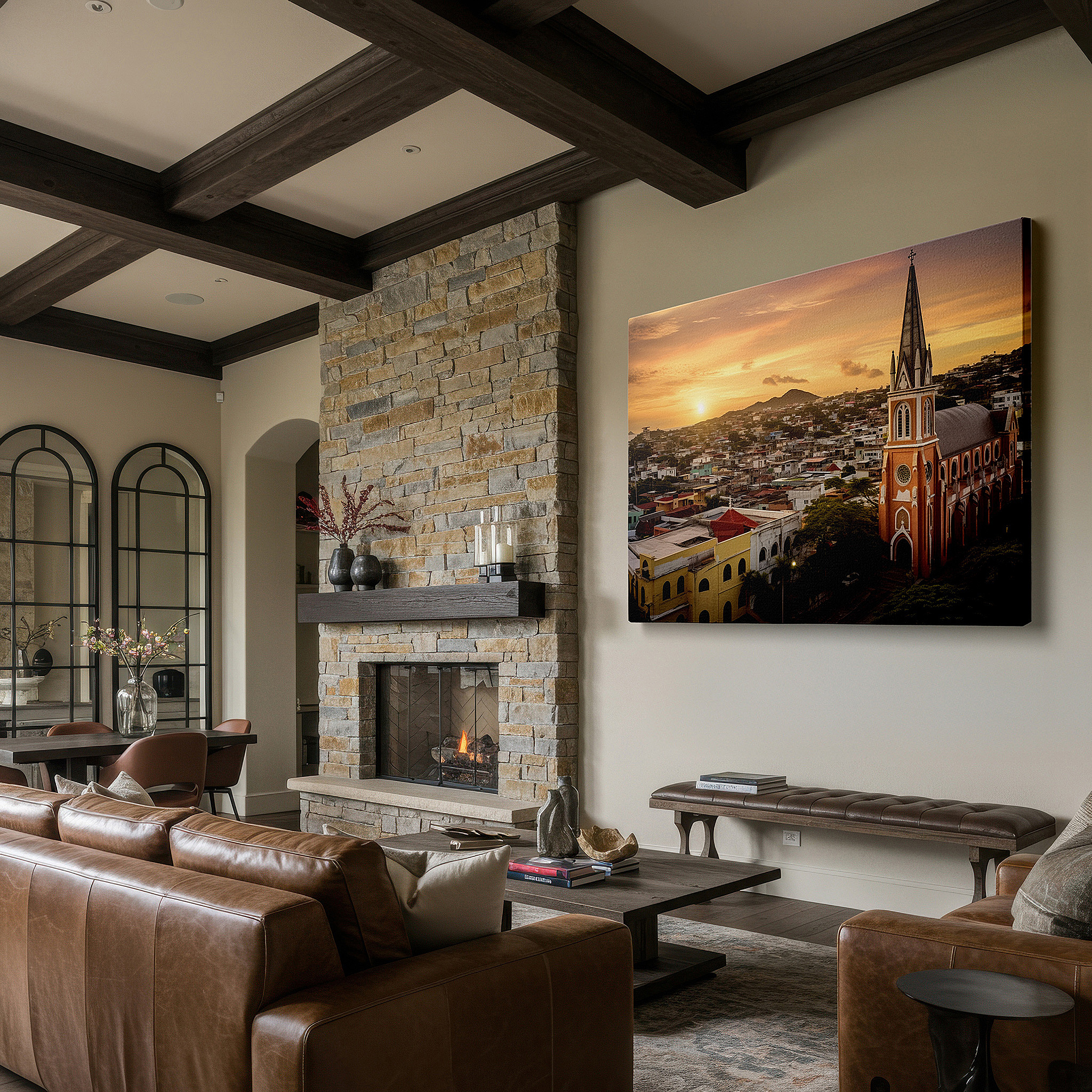 Lighting brings out layered depth in the print’s surface grain — coastal town sunset serenity: fiery hues and tranquil silhouettes - large canvas wall art for home and office decor