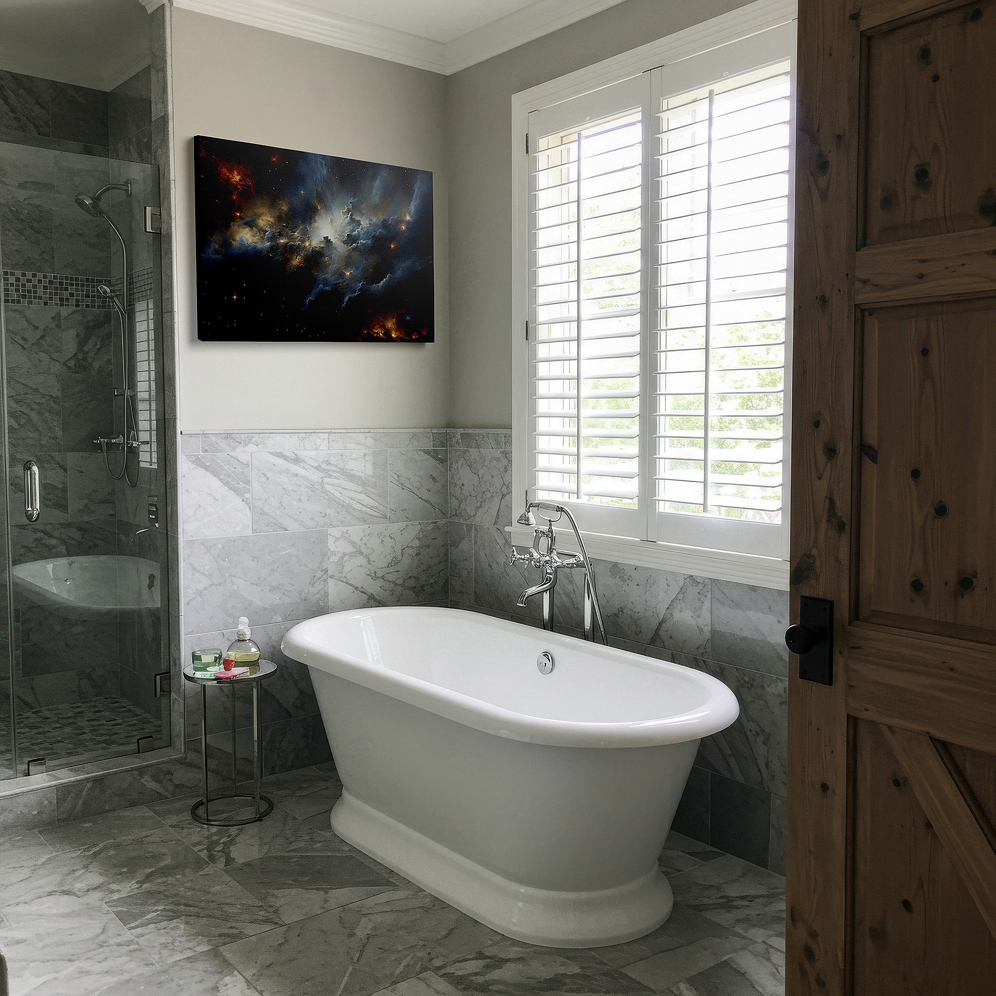 Lighting brings out layered depth in the print’s surface grain — cosmic nebula wall art: a fiery journey into celestial birth - large canvas art for home and office decor
