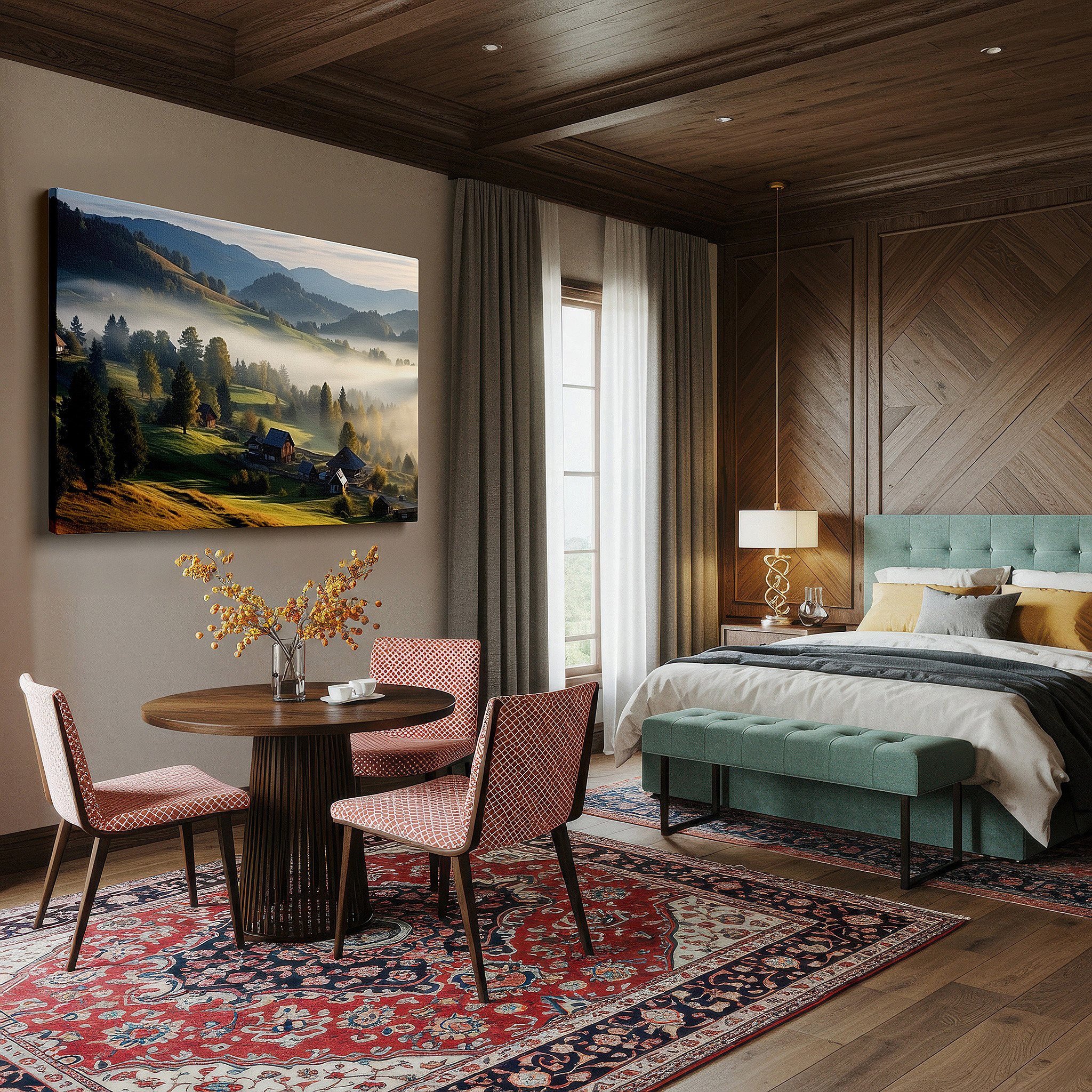 Lighting brings out layered depth in the print’s surface grain — dawn's embrace: misty mountain village large wall art, canvas decor for office, bedroom, and living room