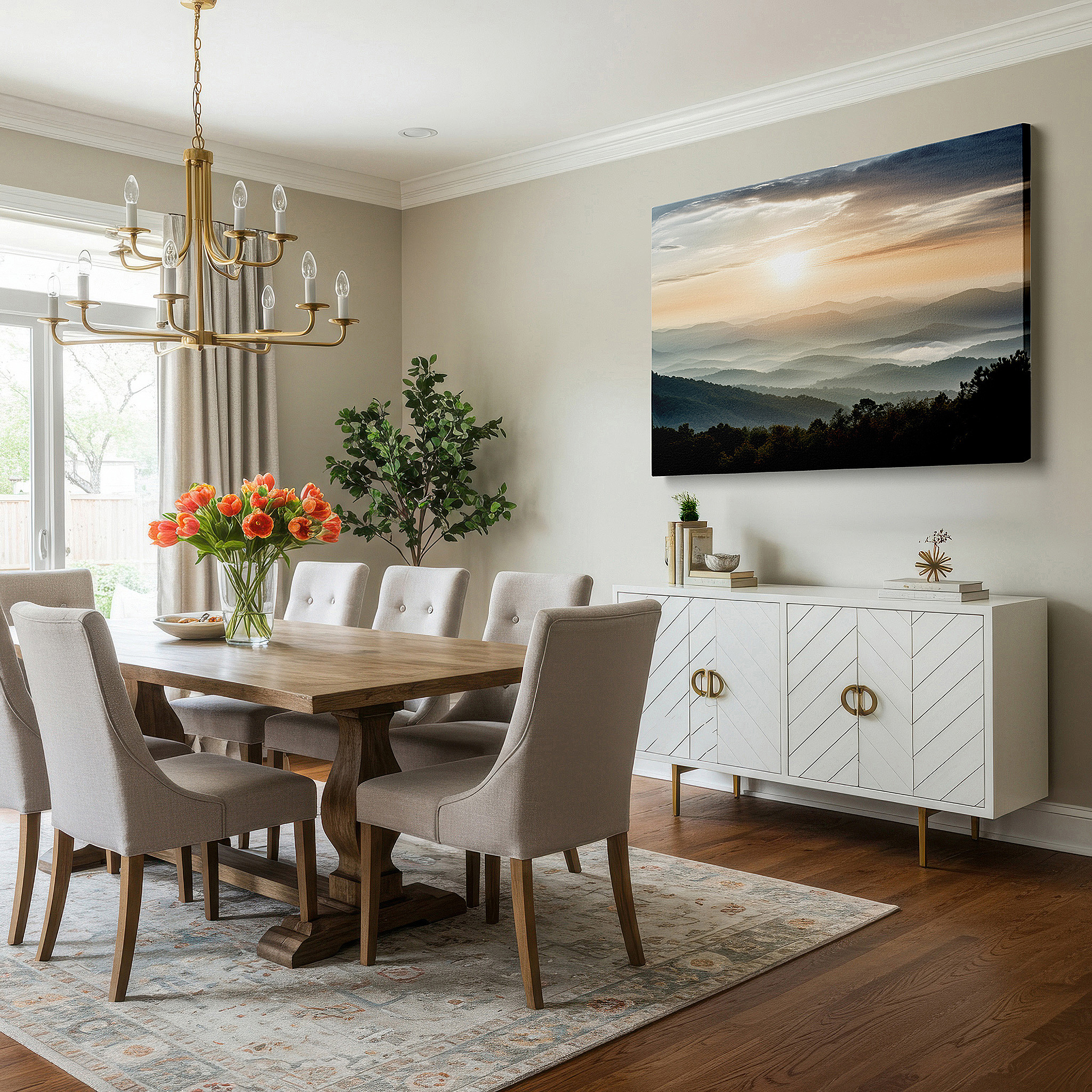Lighting brings out layered depth in the print’s surface grain — dawn's gentle embrace: serene landscape with misty valleys and rolling hills - large canvas wall art for office and bedroom decor