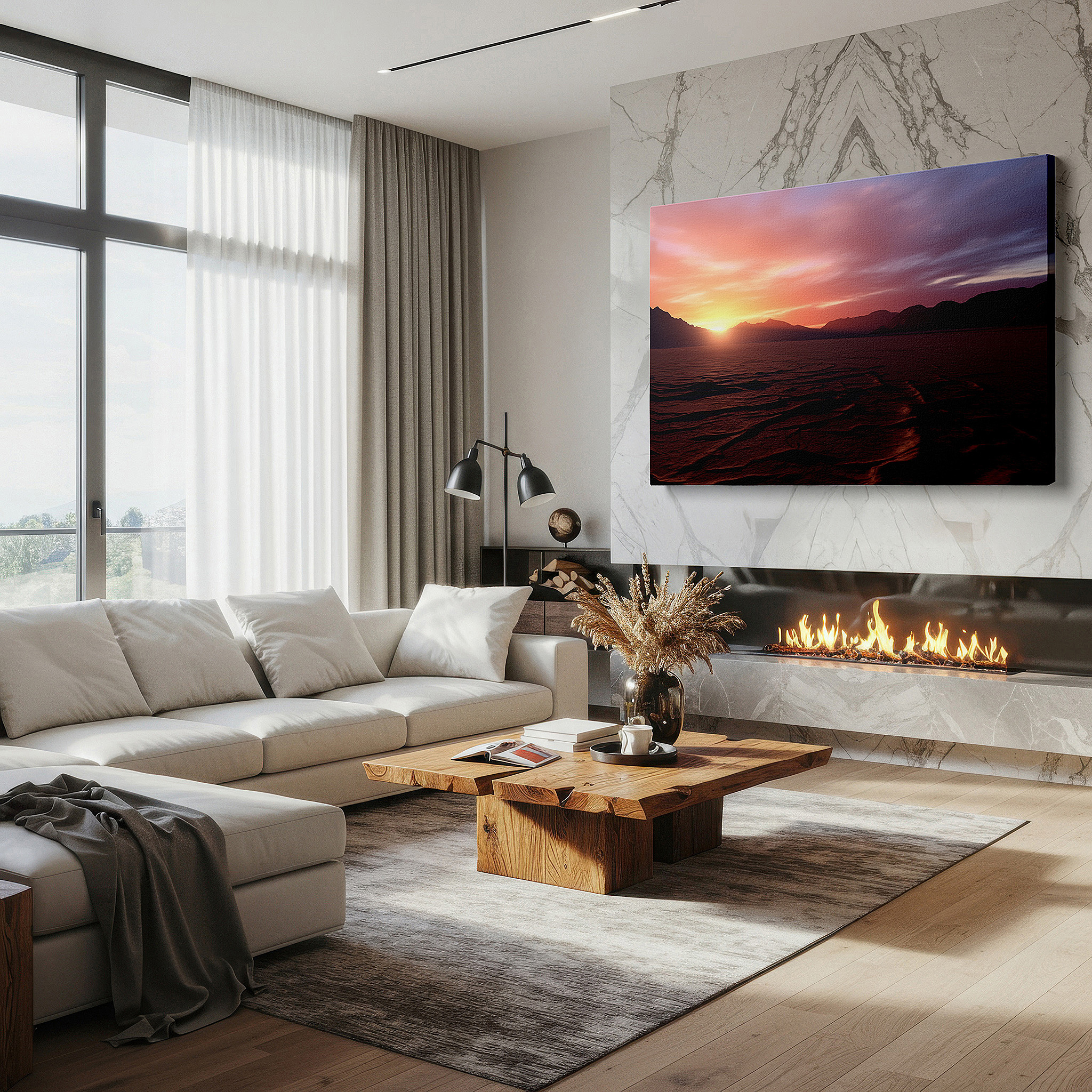 Lighting brings out layered depth in the print’s surface grain — desert sunset - tranquil scenery bathed in nature's golden light, large canvas wall art for home and office decor