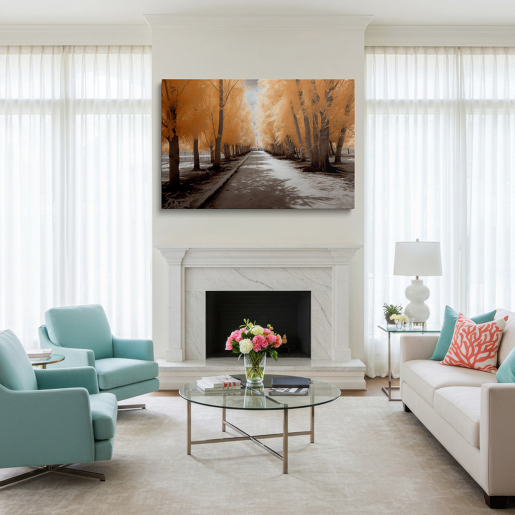 Lighting brings out layered depth in the print’s surface grain — dreamlike pathway under majestic trees at sunset large wall art, canvas wall art, wall decor for office and bedroom