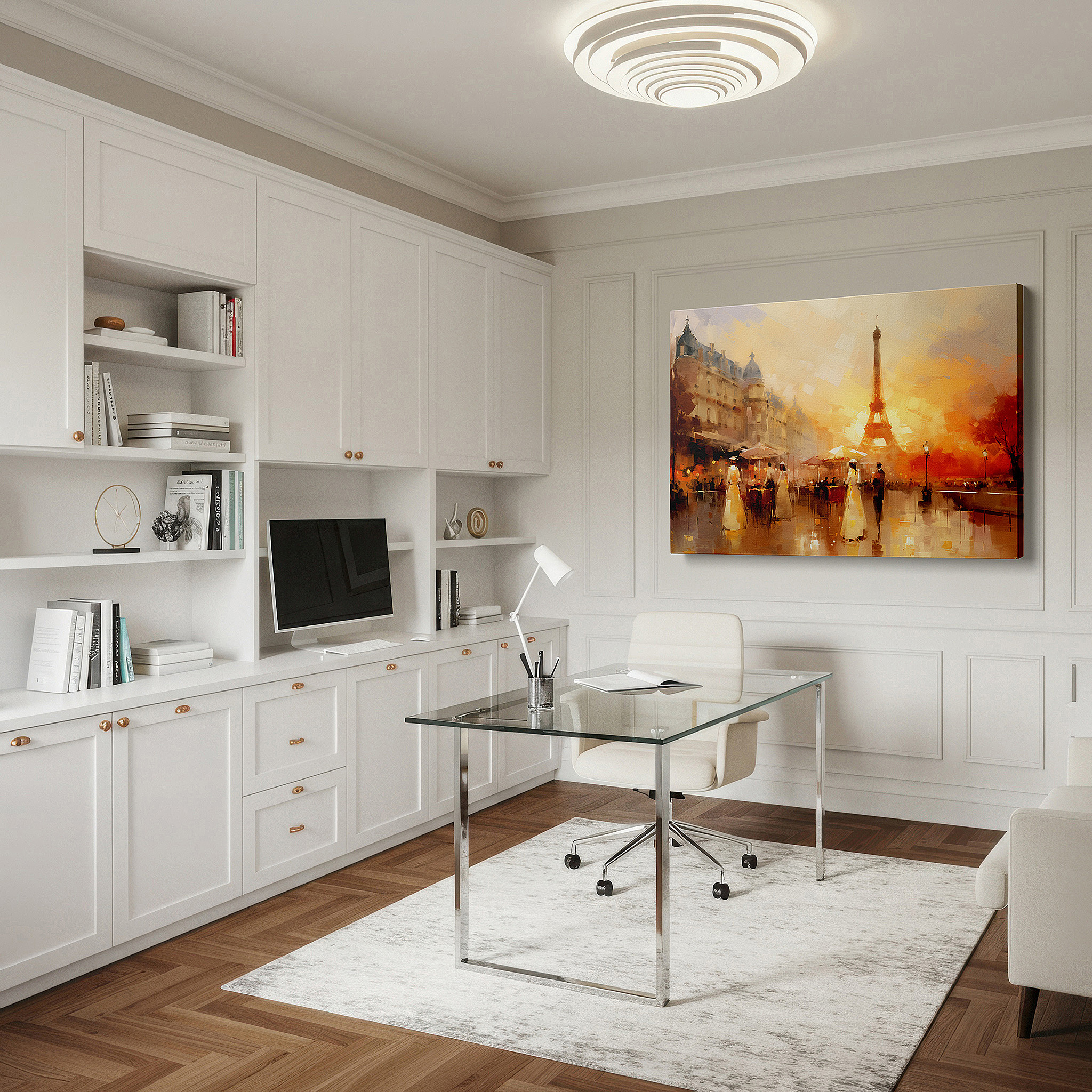 Lighting brings out layered depth in the print’s surface grain — elegant parisian sunset with eiffel tower and lively café scene - large canvas wall art for office and bedroom decor