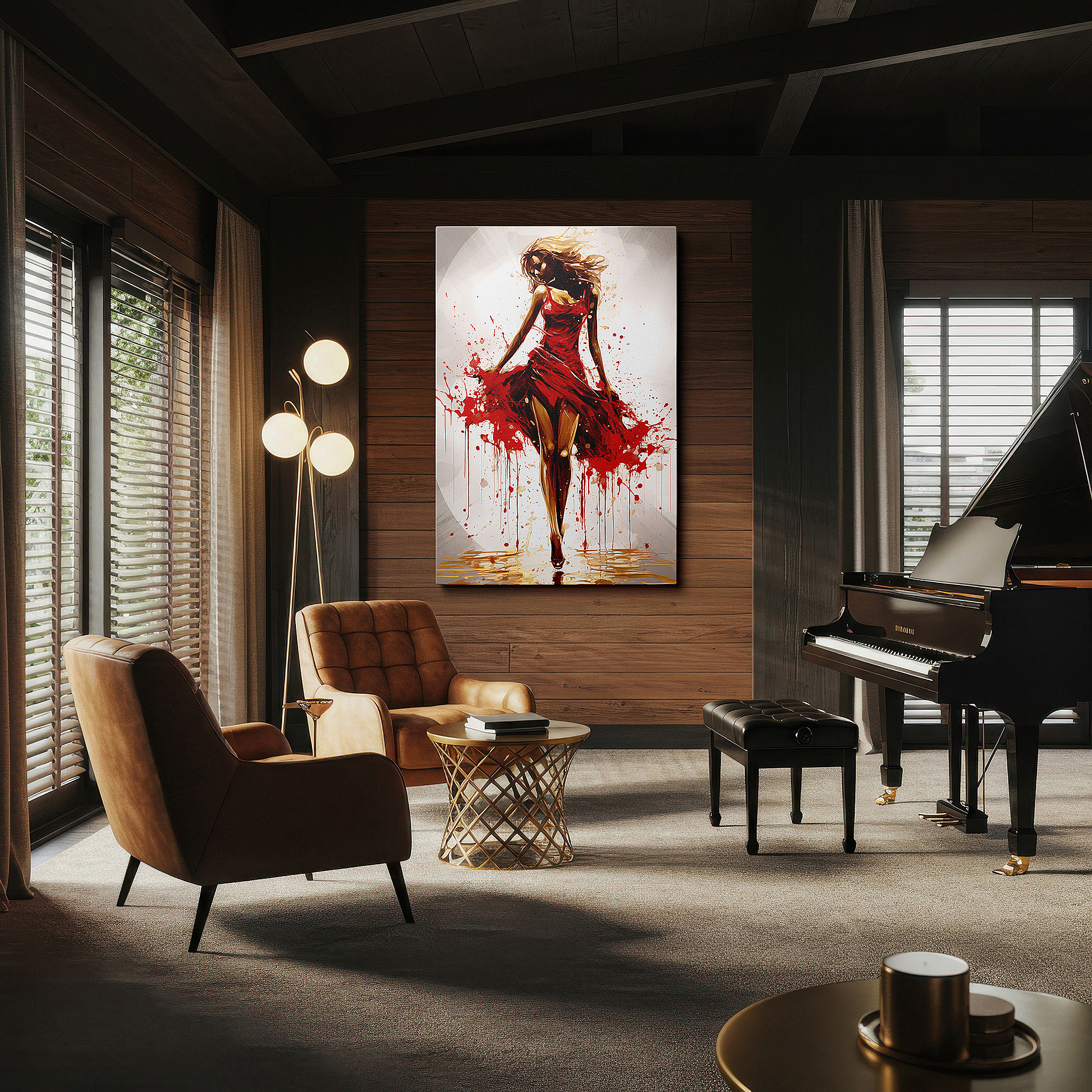 Lighting brings out layered depth in the print’s surface grain — elegant red captivation: a symbol of feminine strength and creative energy - large wall art, canvas wall art, wall decor for office and bedroom