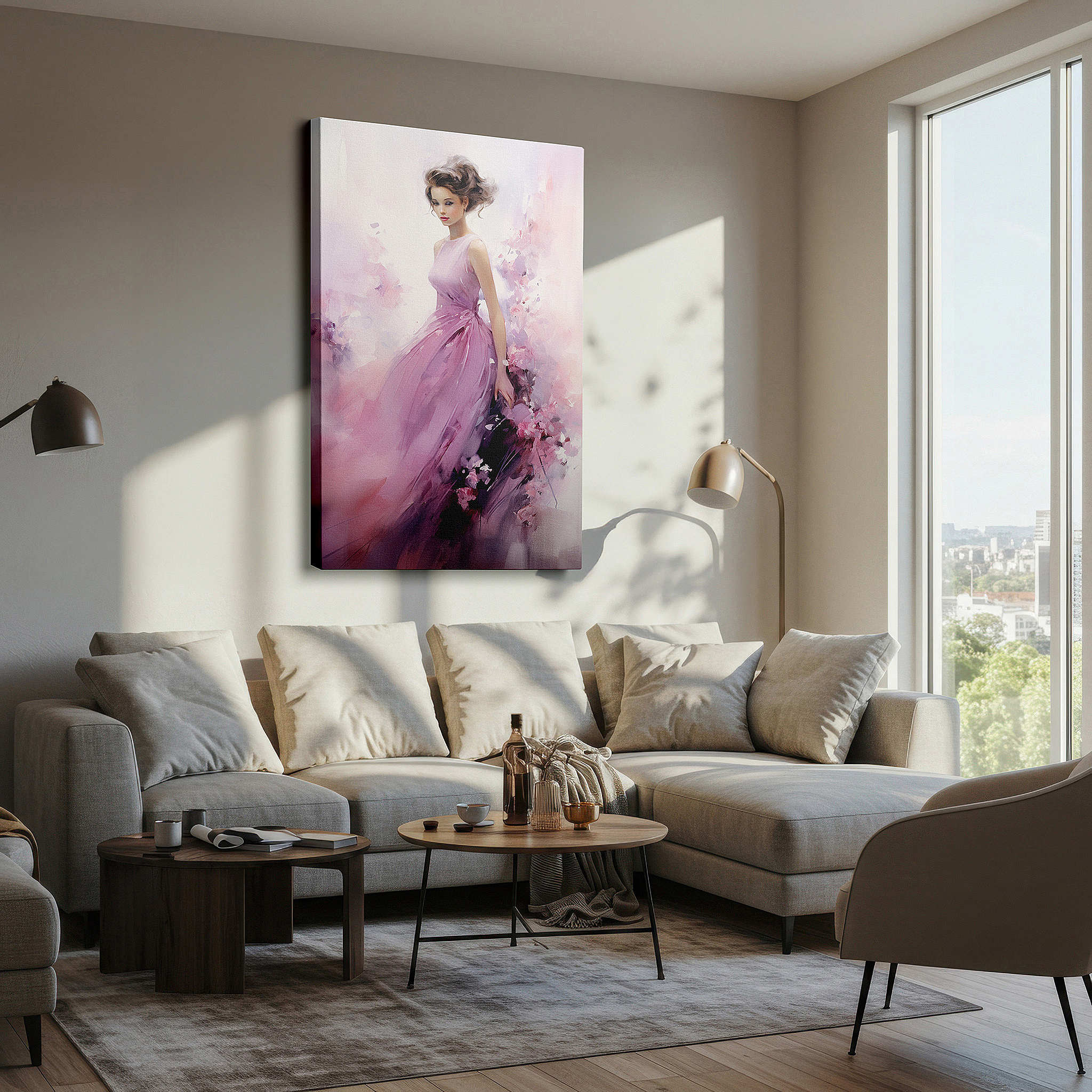 Lighting brings out layered depth in the print’s surface grain — "ethereal grace" - a tranquil fusion of femininity and nature in gentle pastel shades, large wall art, canvas wall art, wall decor for office and bedroom
