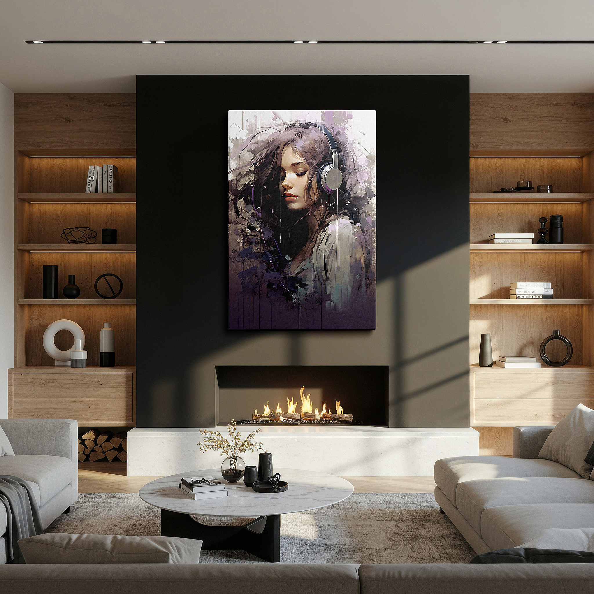 Lighting brings out layered depth in the print’s surface grain — ethereal melodies: a young girl enveloped by music - large wall art, canvas wall art, wall decor for office and bedroom