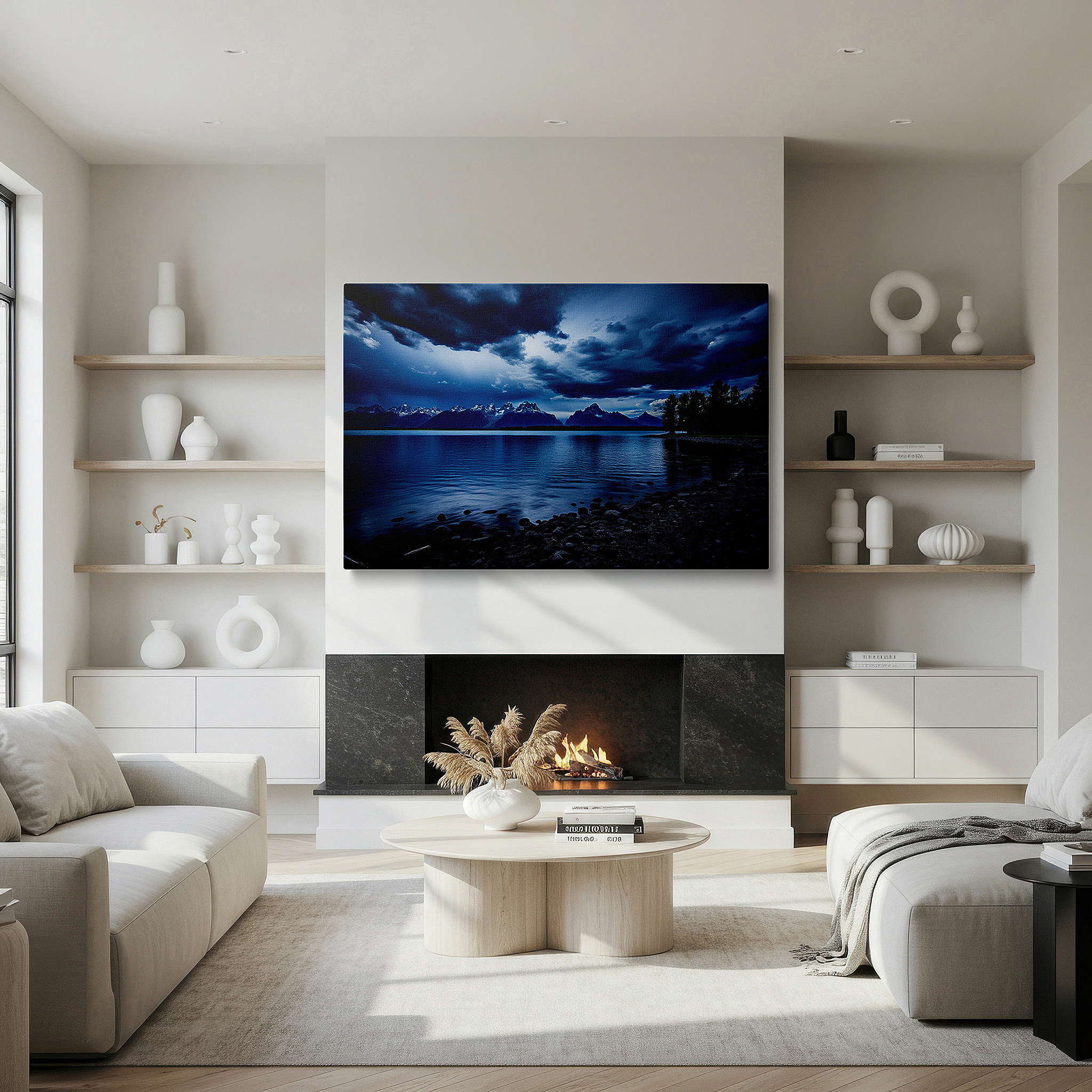 Lighting brings out layered depth in the print’s surface grain — ethereal skies and tranquil lake reflections with majestic mountains large wall art, canvas wall decor for office and bedroom