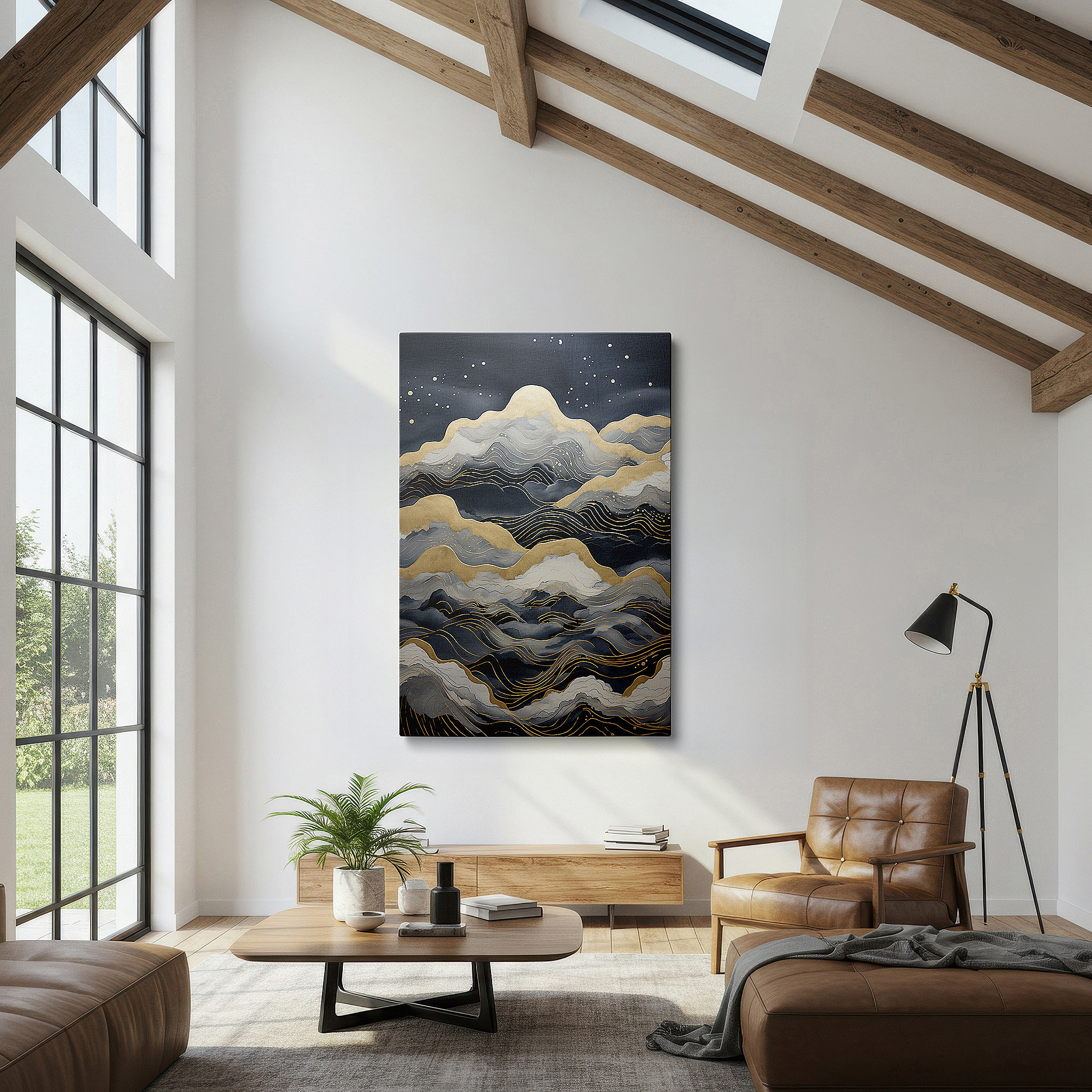 Lighting brings out layered depth in the print’s surface grain — gold and blue oceanic waves: a masterpiece of movement and emotion - large canvas wall art for office and bedroom decor