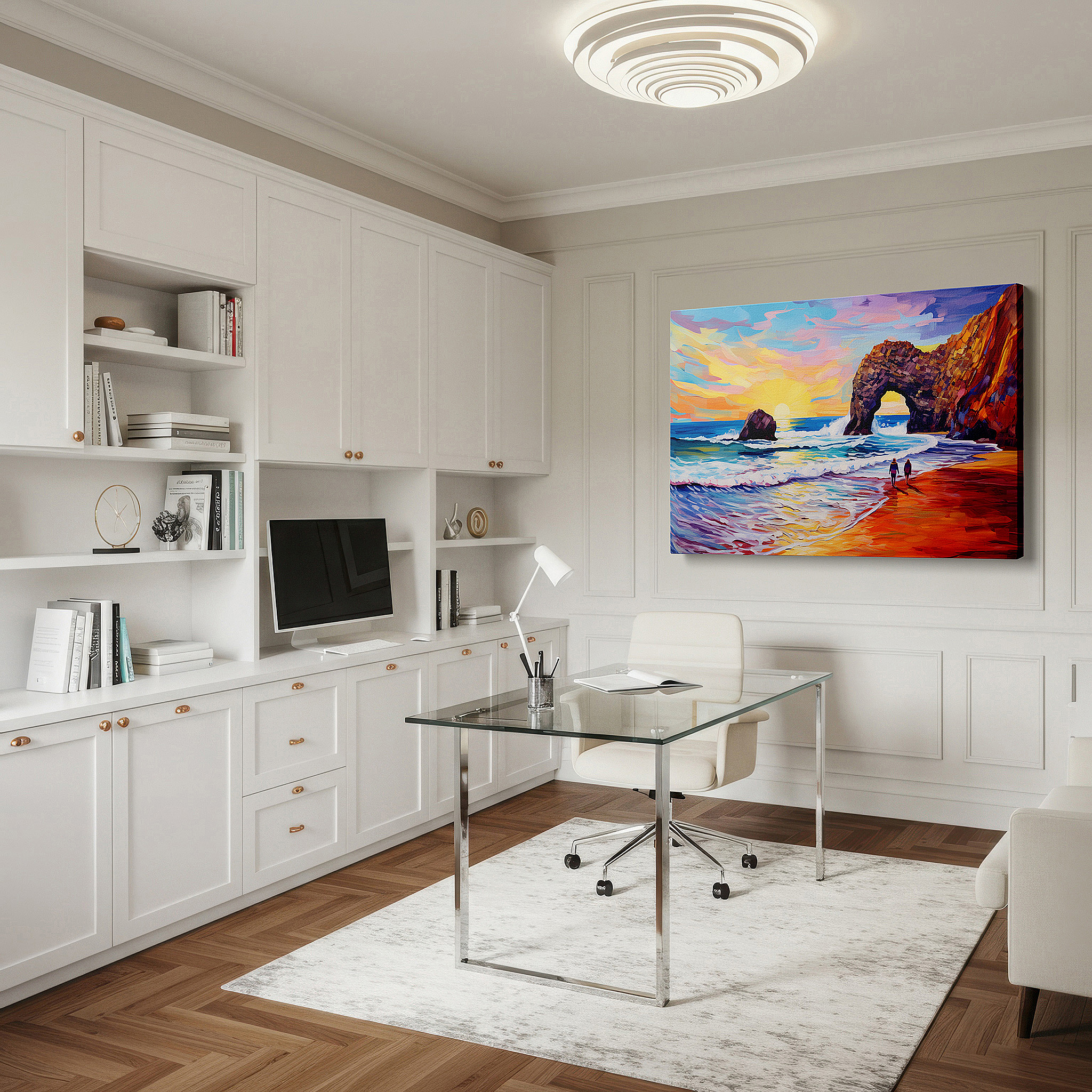 Lighting brings out layered depth in the print’s surface grain — golden beach sunset canvas featuring figures walking together - ideal for large wall decor in offices and bedrooms