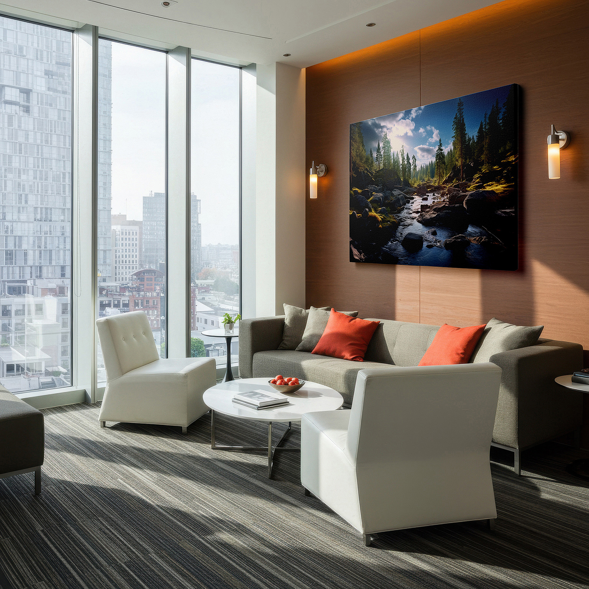 Lighting brings out layered depth in the print’s surface grain — golden hour tranquil riverscape with serene reflections and verdant pines, large canvas wall art for office and bedroom decor
