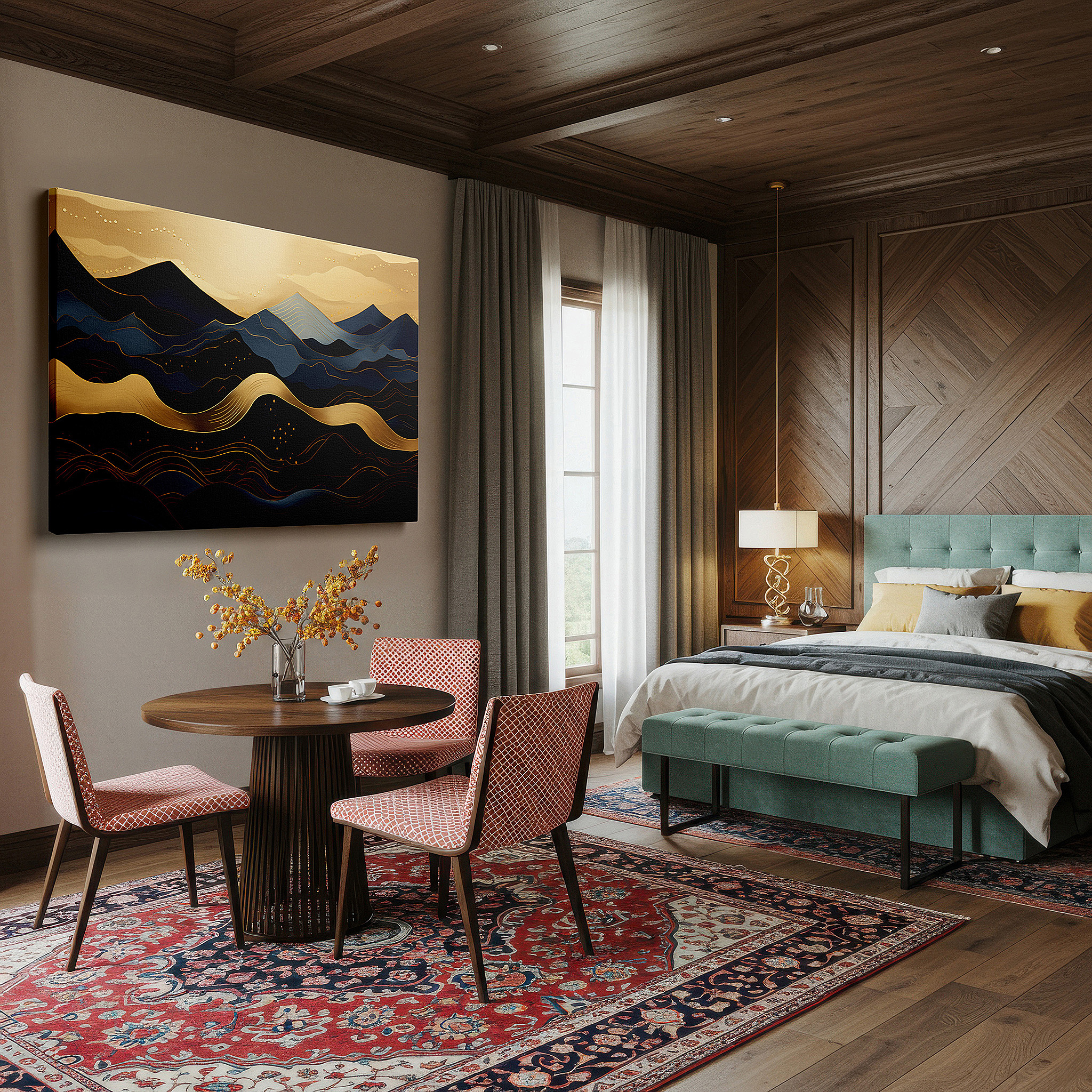 Lighting brings out layered depth in the print’s surface grain — golden hued abstract mountainous landscape, tranquil escape large wall art, canvas wall decor for office and bedroom