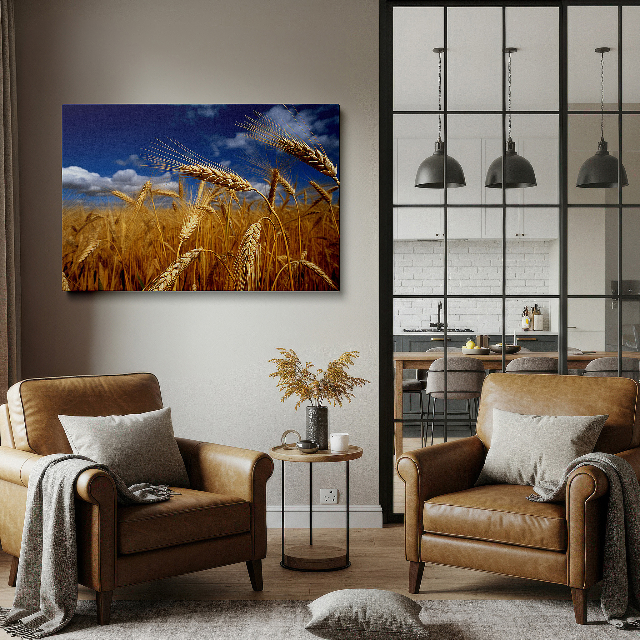 Lighting brings out layered depth in the print’s surface grain — golden wheat field beneath a bright blue sky - emblematic of growth and peaceful countryside living, large wall art, canvas wall art, wall decor, office wall art
