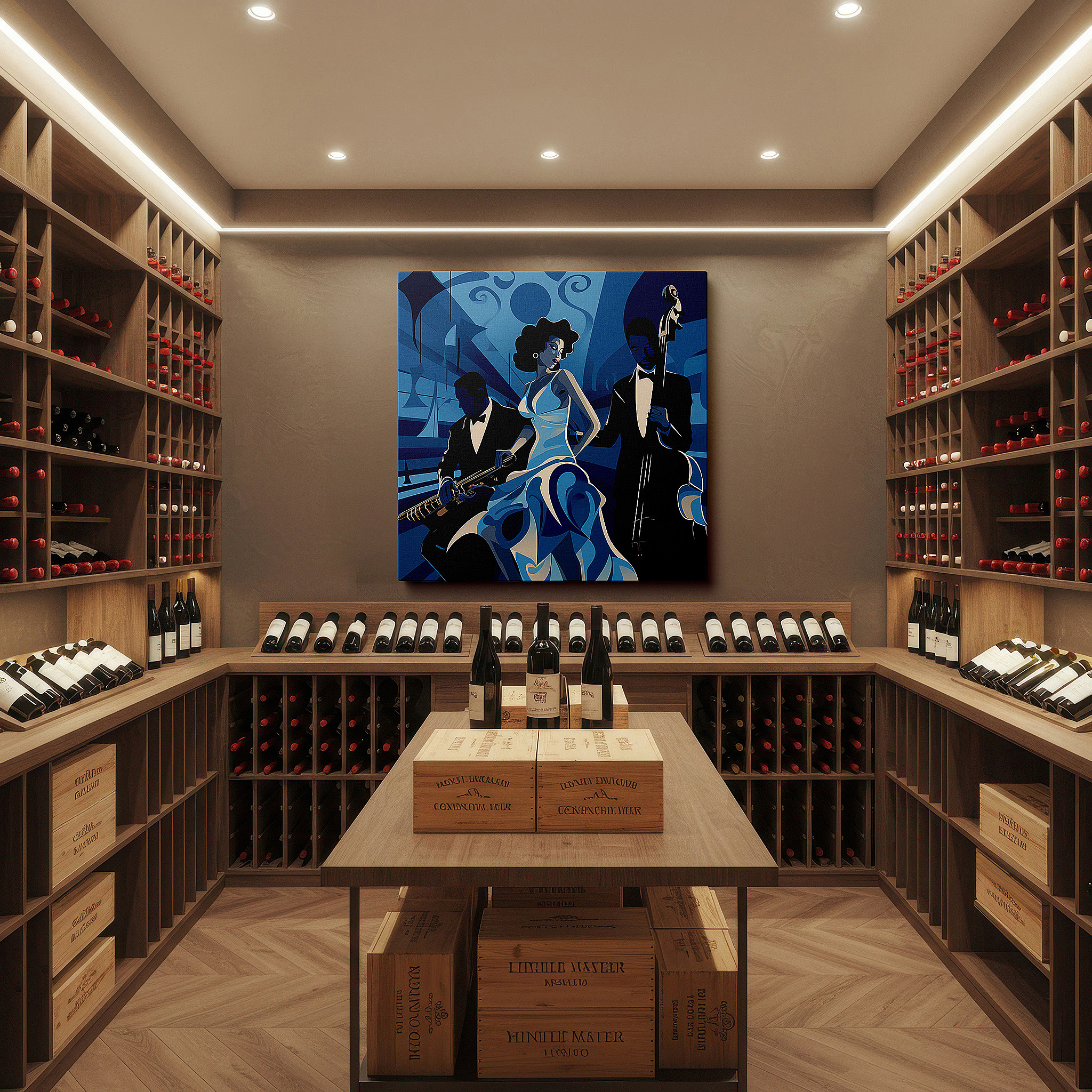 Lighting brings out layered depth in the print’s surface grain — jazz trio soulful blues large wall art, serene shades canvas, live music essence wall decor for office