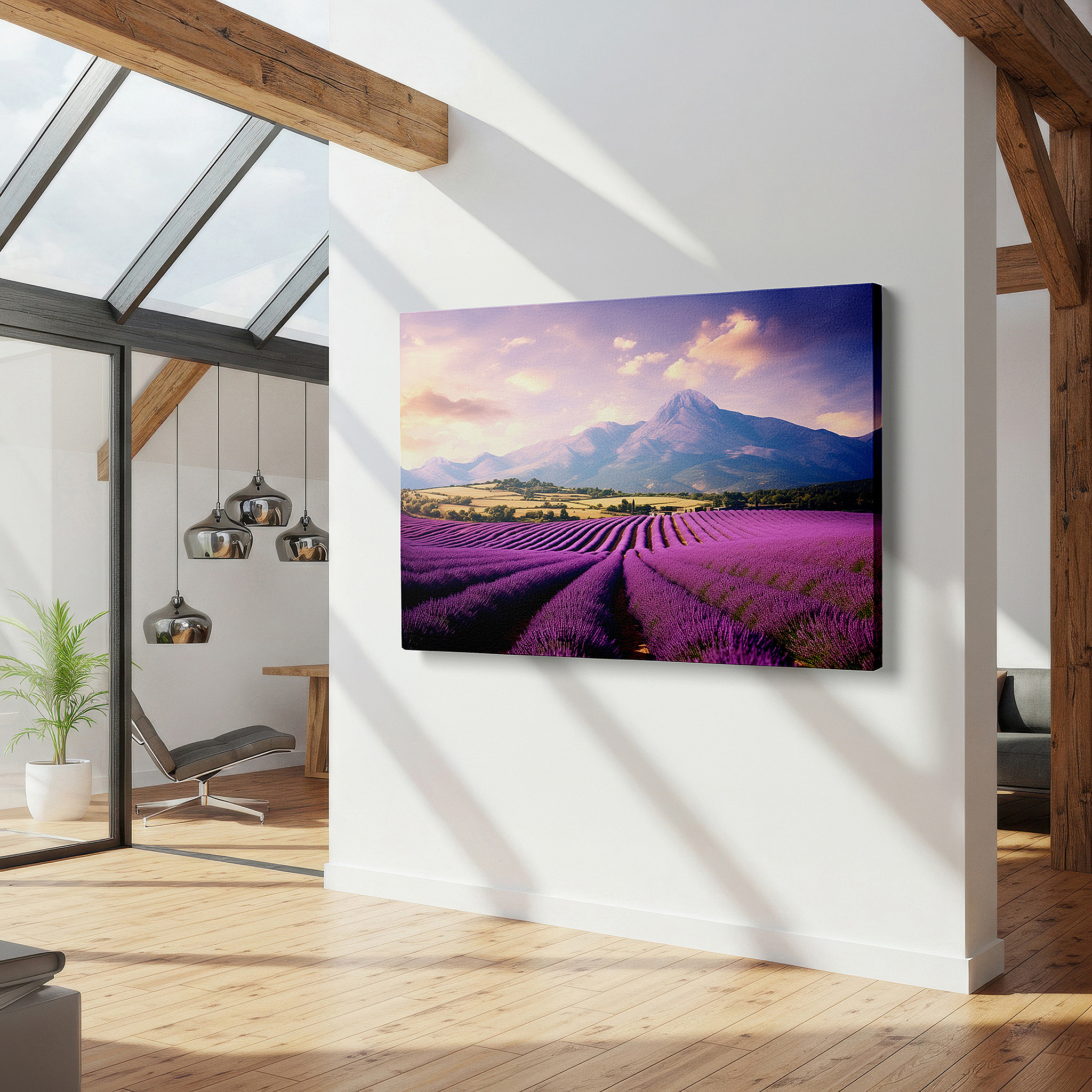 Lighting brings out layered depth in the print’s surface grain — lavender fields and majestic mountains under a vibrant sunset sky - large canvas wall art for office and bedroom decor