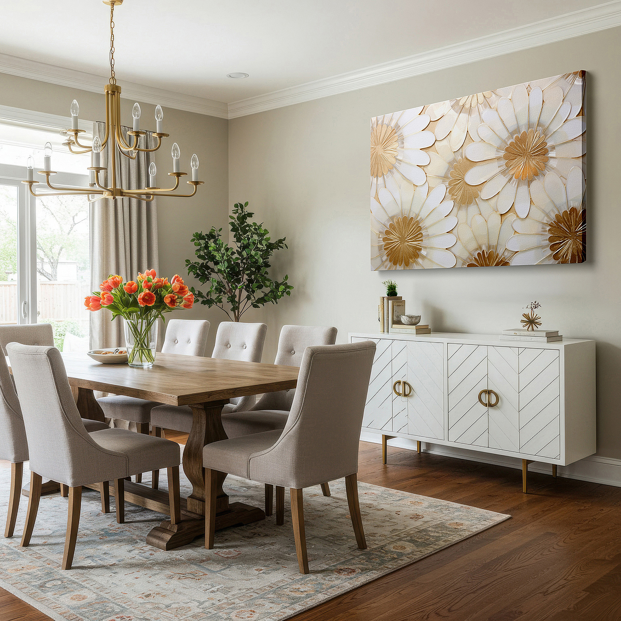 Lighting brings out layered depth in the print’s surface grain — luxurious floral symphony in gold and light - large canvas wall art for office and bedroom decor