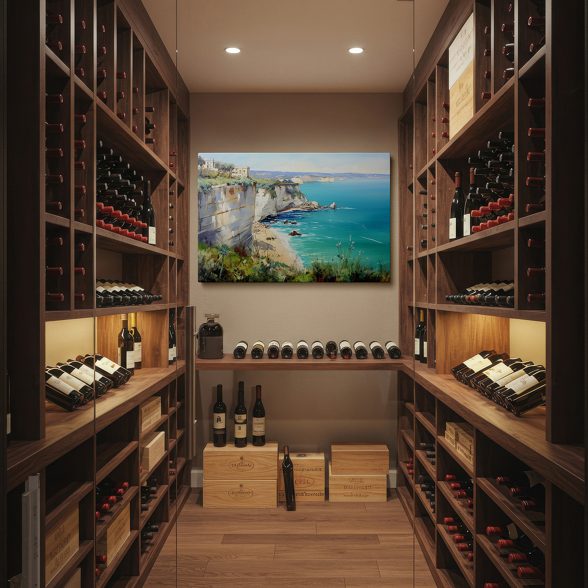 Lighting brings out layered depth in the print’s surface grain — majestic cliffs and crystalline waters: a serene coastal escape - large wall art, canvas wall art, wall decor for office and bedroom