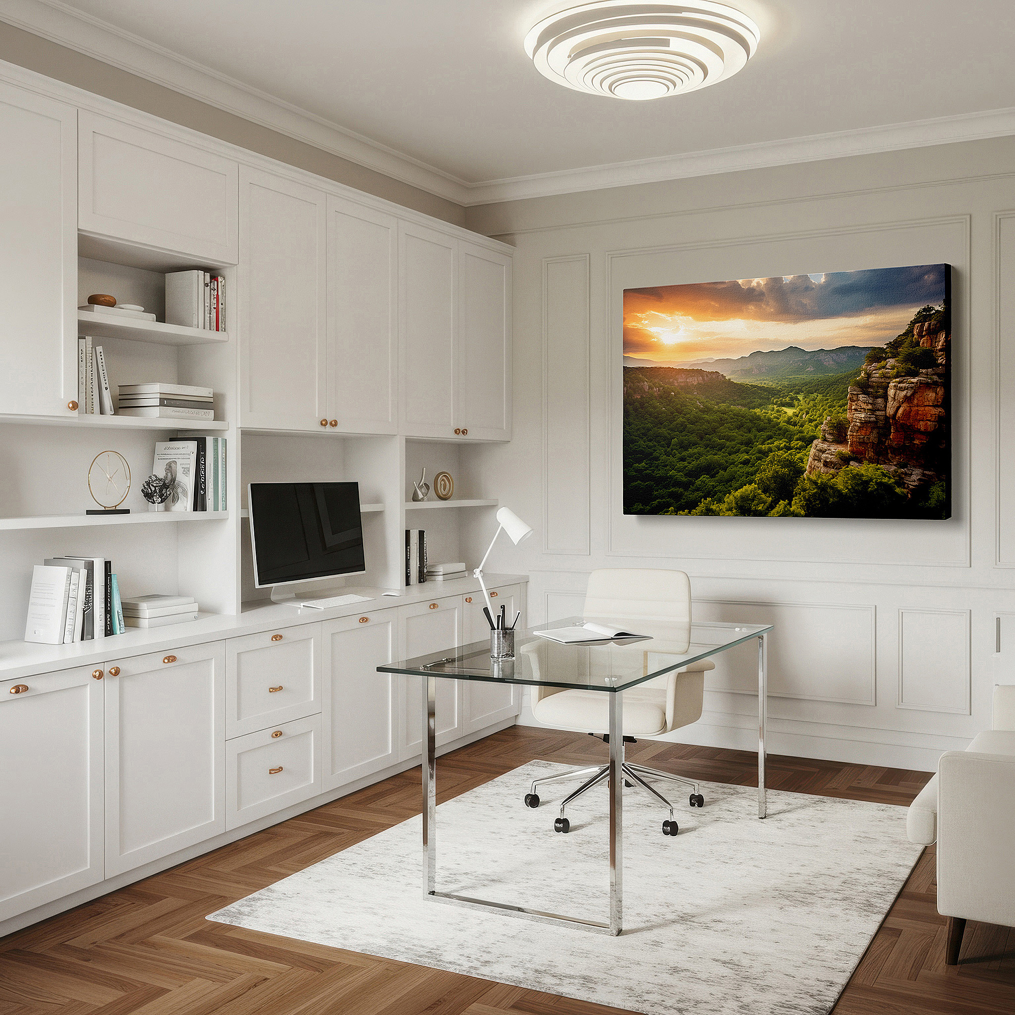 Lighting brings out layered depth in the print’s surface grain — majestic cliffs and lush valley - tranquil nature scene for serene interiors: large wall art, canvas wall art, wall decor for office and bedroom